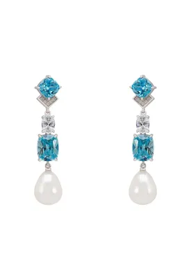 Cordelia Pearl & Blue Topaz Long Drop Earrings Silver