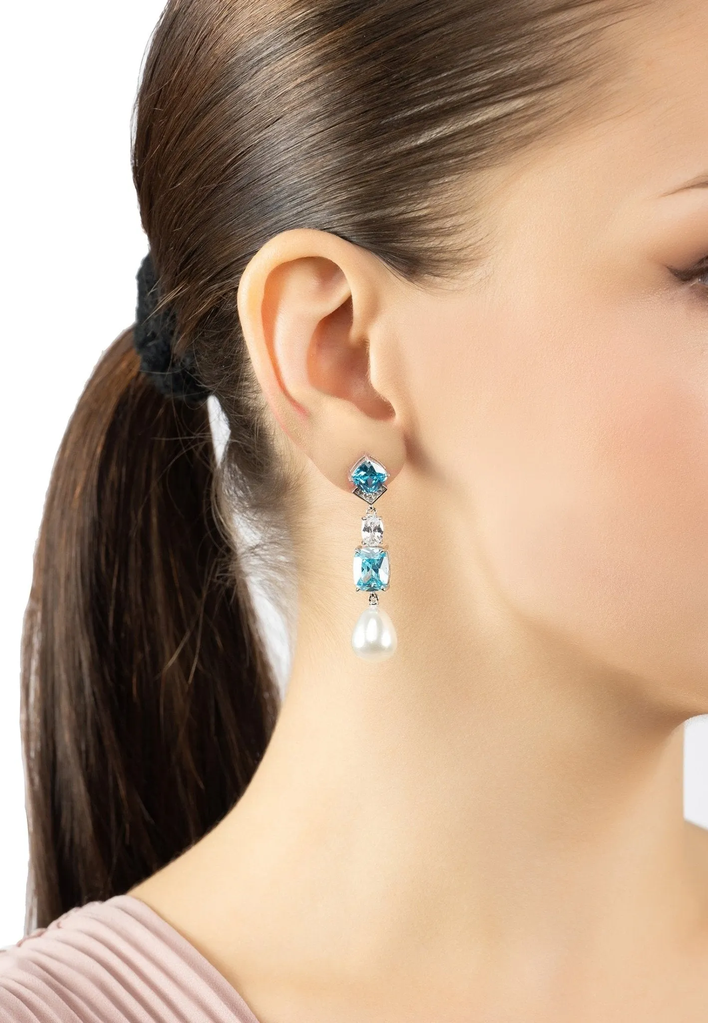 Cordelia Pearl & Blue Topaz Long Drop Earrings Silver