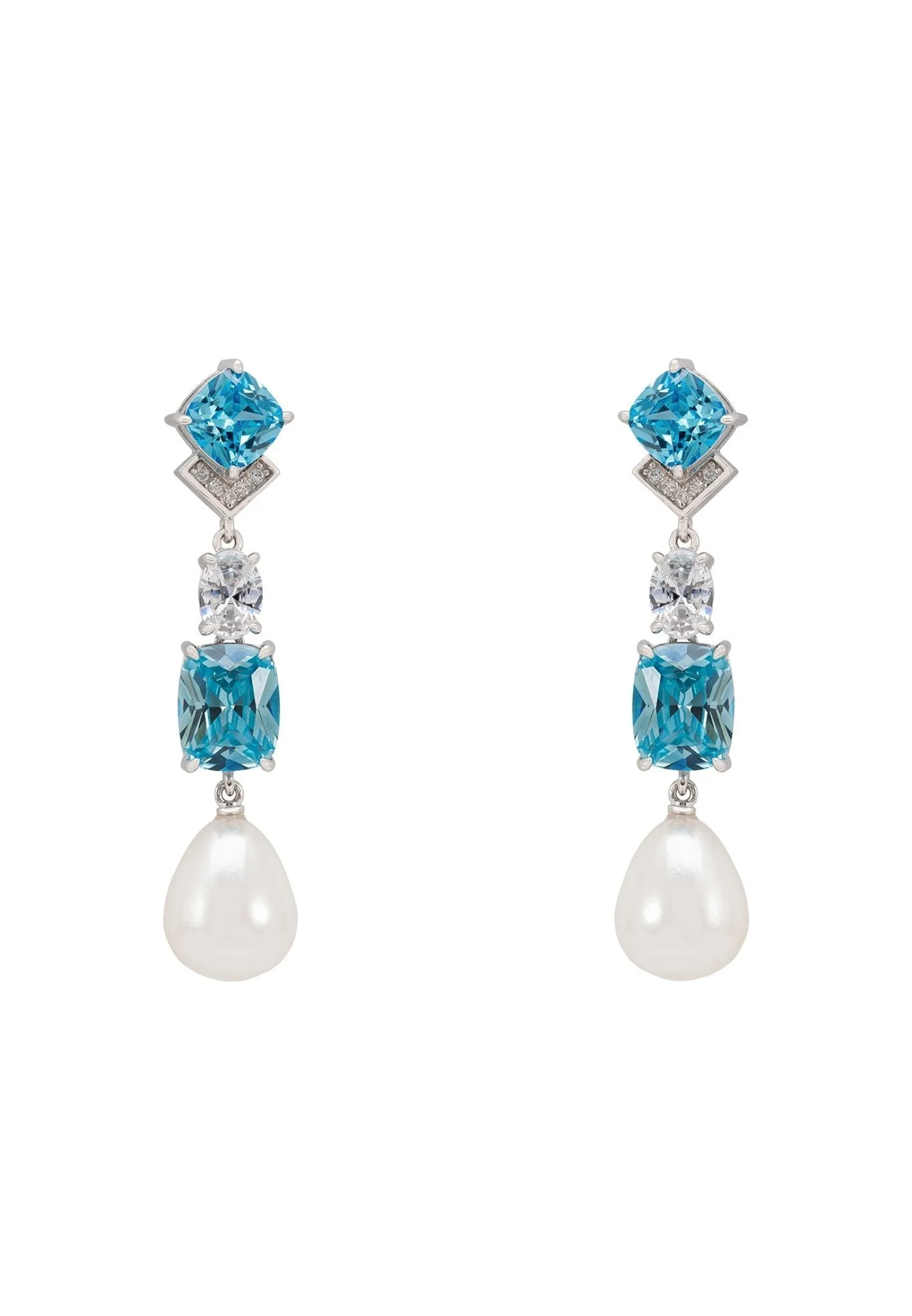 Cordelia Pearl & Blue Topaz Long Drop Earrings Silver