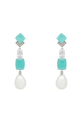 Cordelia Pearl & Paraiba Tourmaline Blue Long Drop Earrings Silver