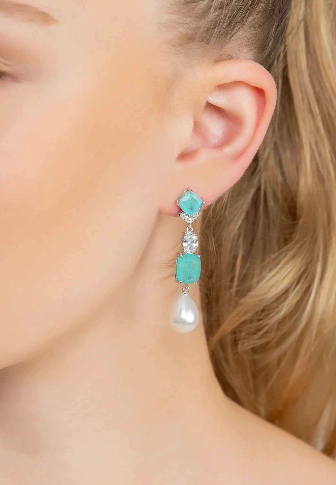 Cordelia Pearl & Paraiba Tourmaline Blue Long Drop Earrings Silver