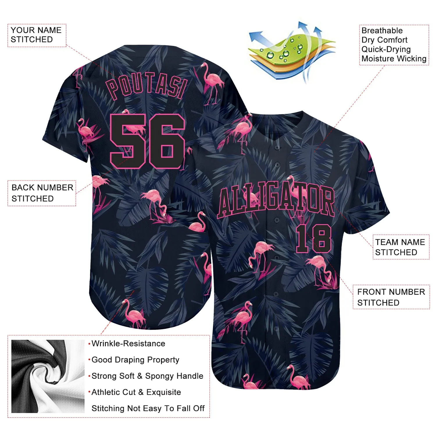 Custom 3D Pattern Design Hawaii Flamingo Authentic Baseball Jersey