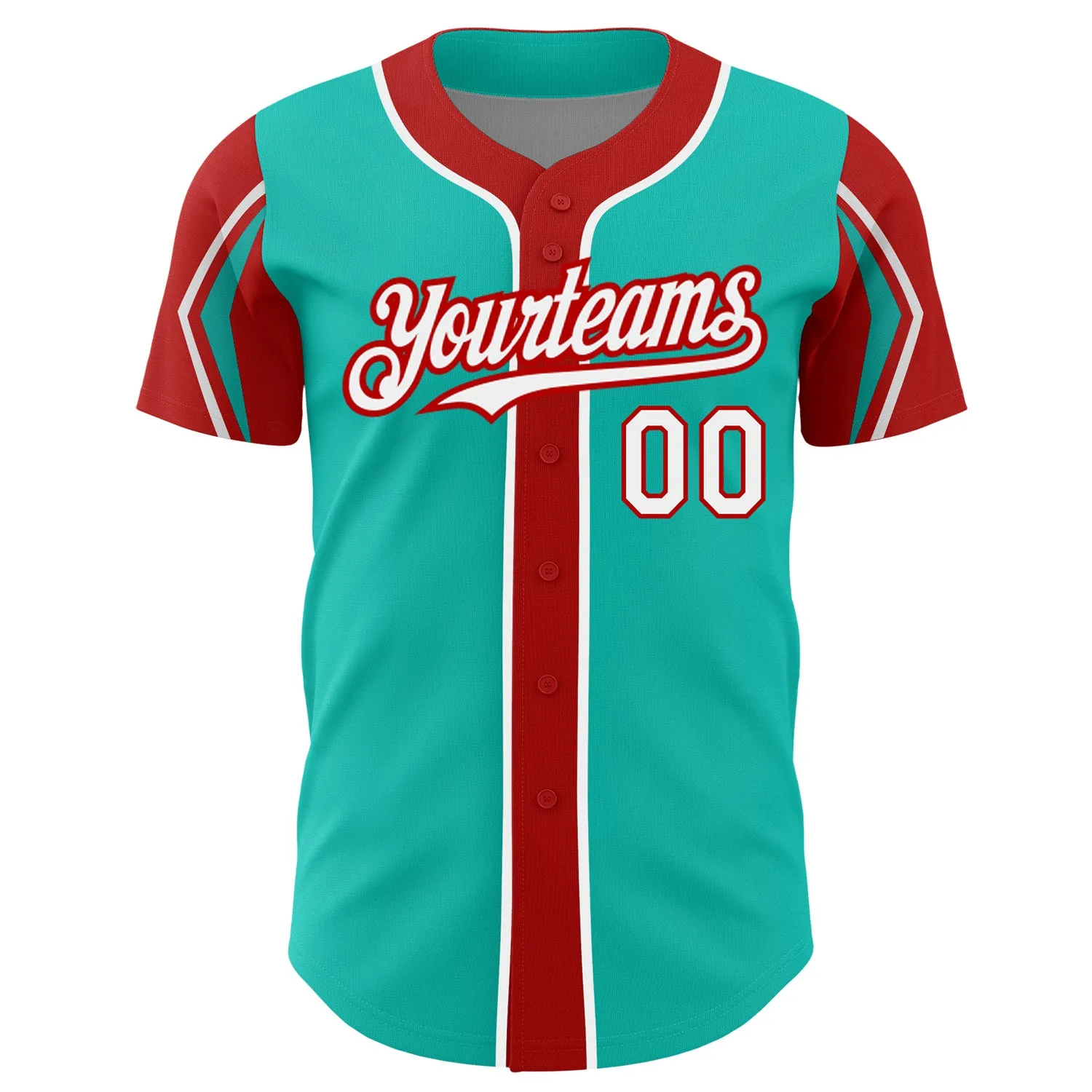 Custom Aqua White-Red 3 Colors Arm Shapes Authentic Baseball Jersey