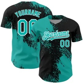 Custom Black Aqua-White 3D Pattern Design Abstract Brush Stroke Authentic Baseball Jersey