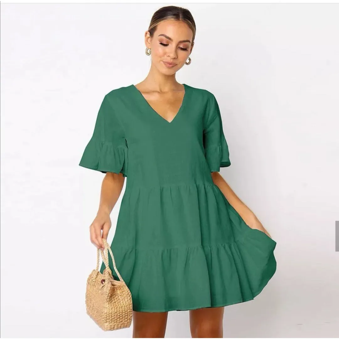 Deep V-Neck Short Sleeve Mini Dress