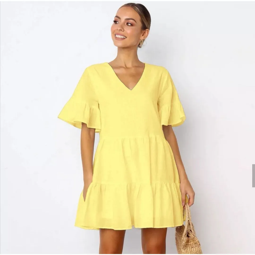 Deep V-Neck Short Sleeve Mini Dress