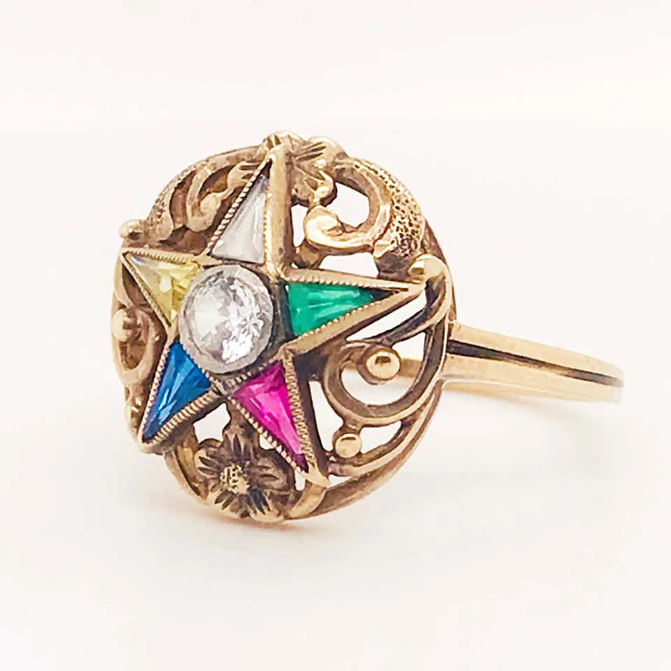 Eastern Star Ring Vintage Estate Jeweled Diamond Floral Eastern Star Ring