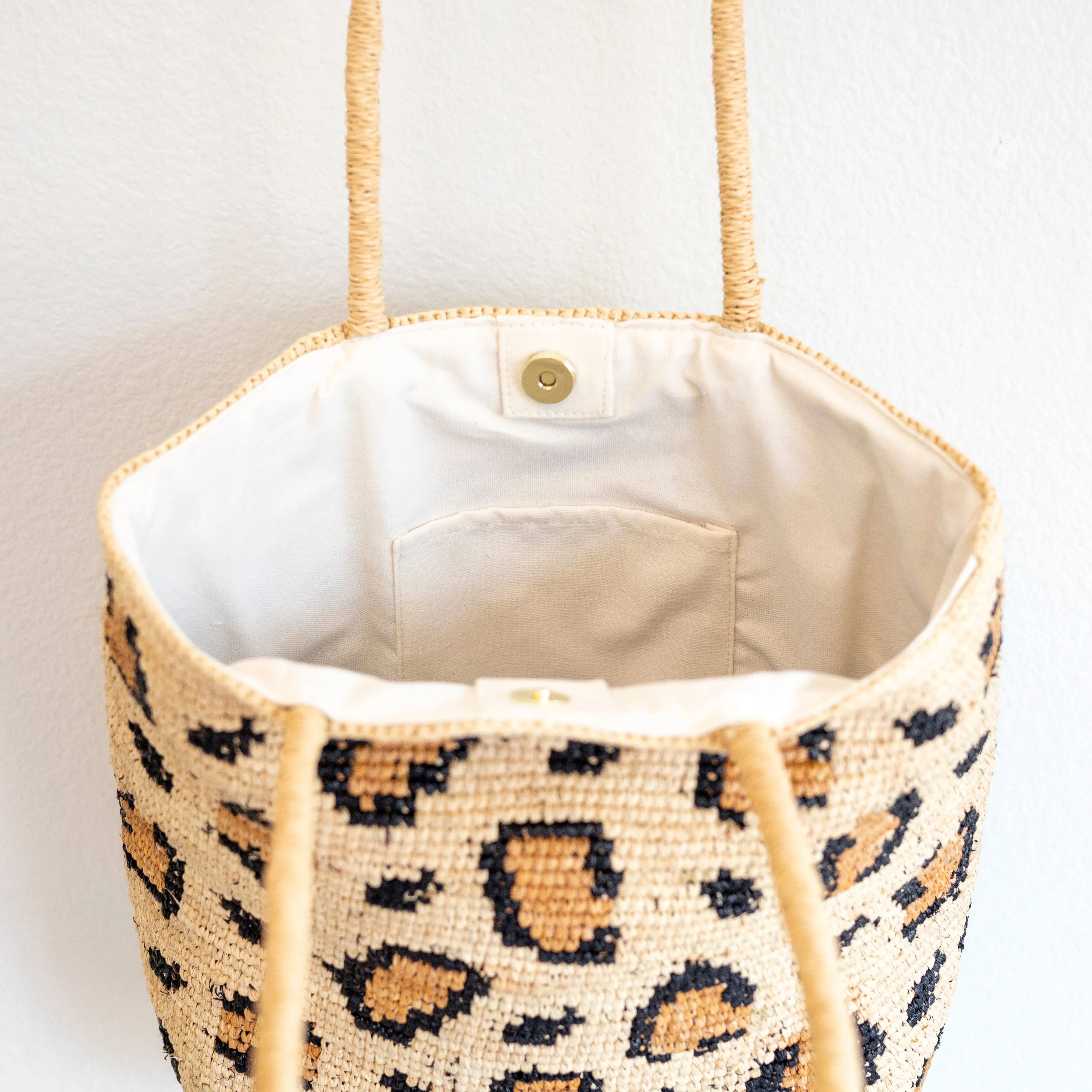 Elena Handbags Leopard Design Raffia Summer Tote Bag