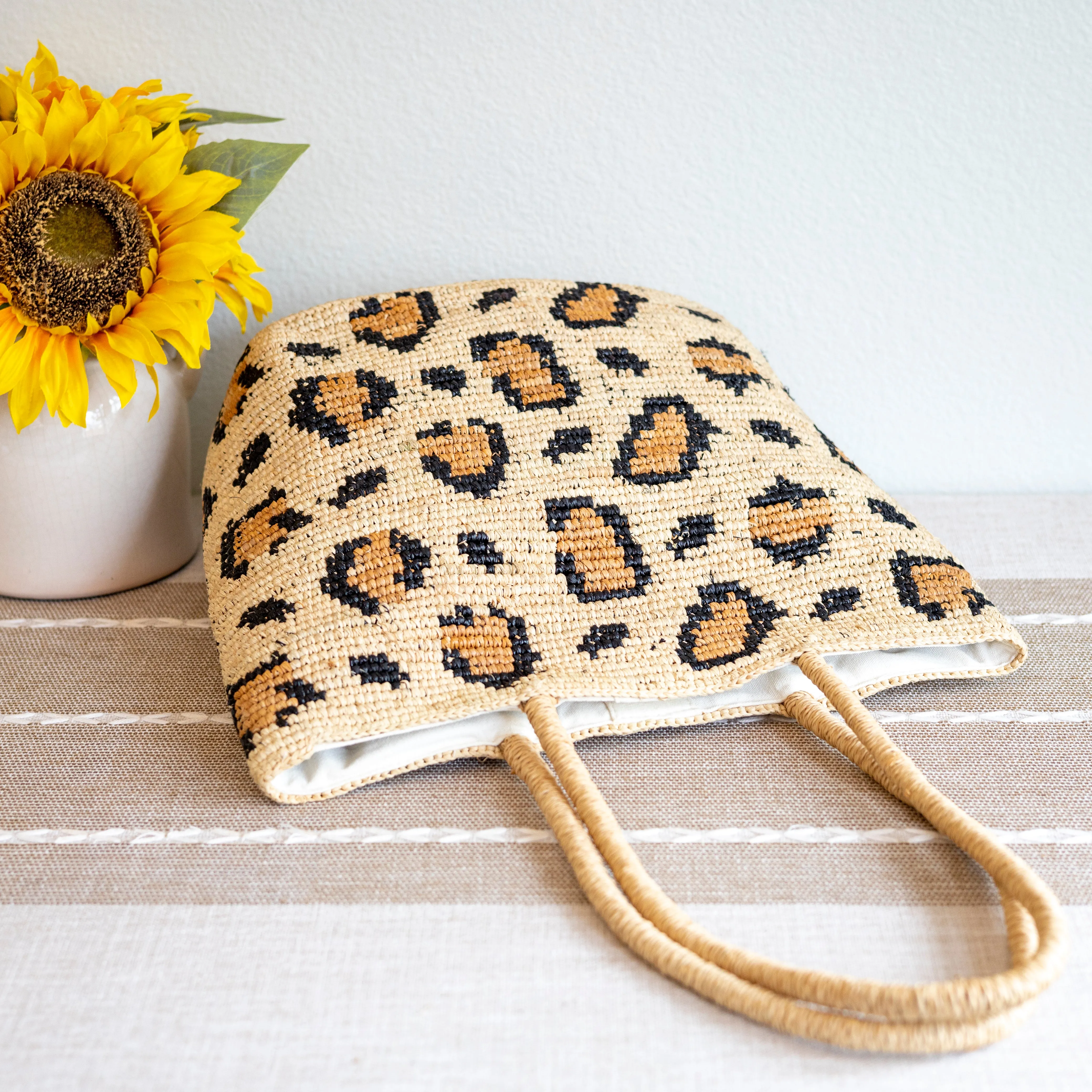 Elena Handbags Leopard Design Raffia Summer Tote Bag