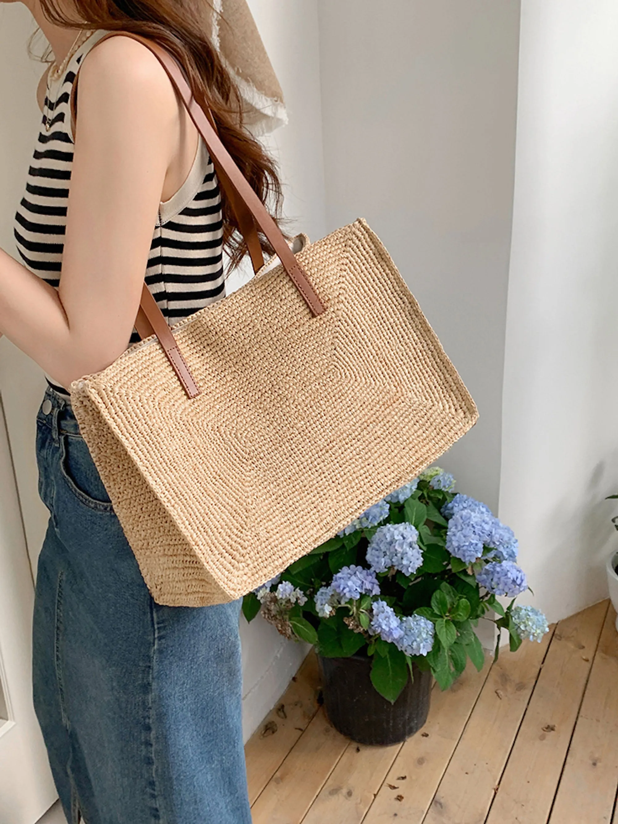 Elena Handbags Women's Large Soft Raffia Woven Summer Straw Tote