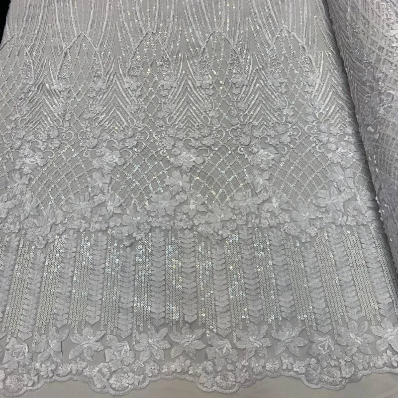 Embroidery White Lace Fabric on Mesh / Floral Design