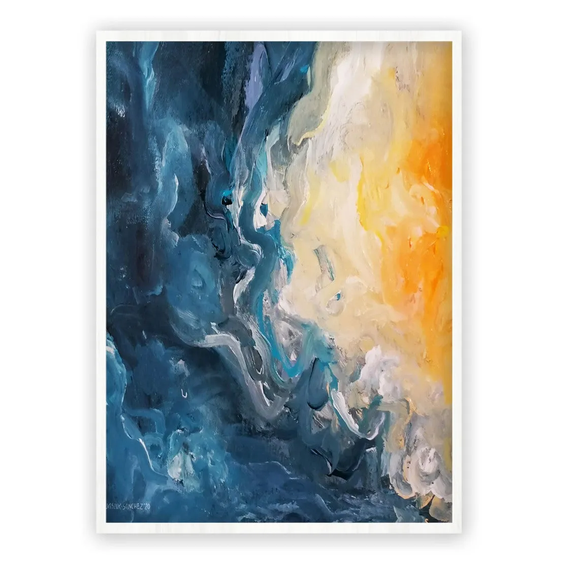 Framed vertical blue & orange abstract seascape wall art print