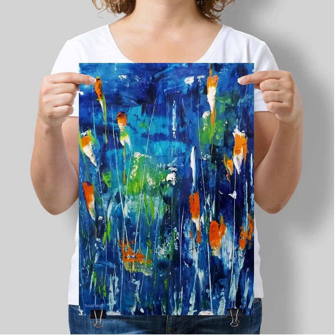 Framed vertical dark blue & orange abstract floral wall art print