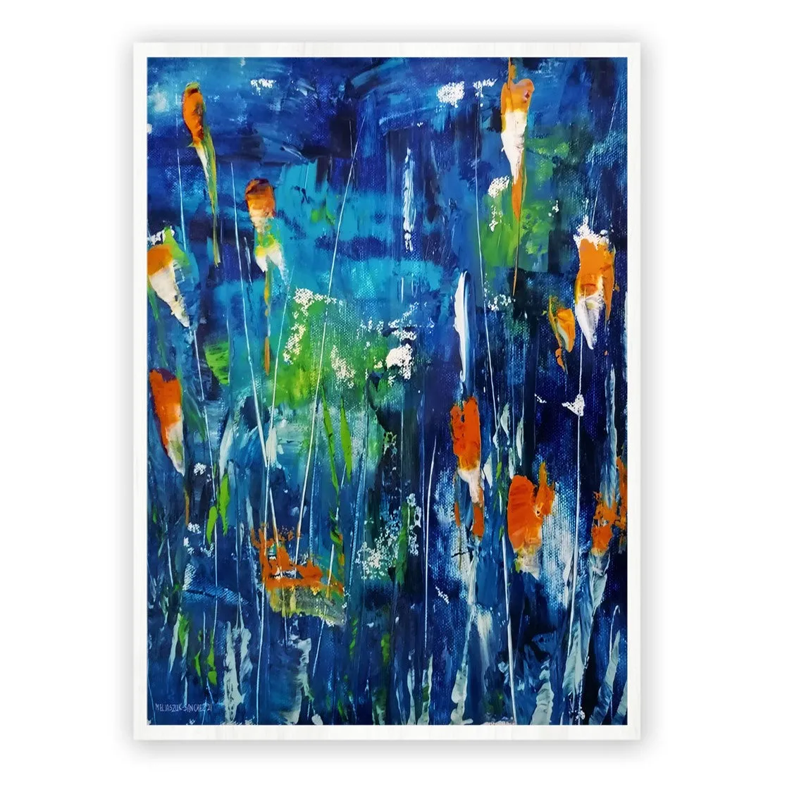 Framed vertical dark blue & orange abstract floral wall art print