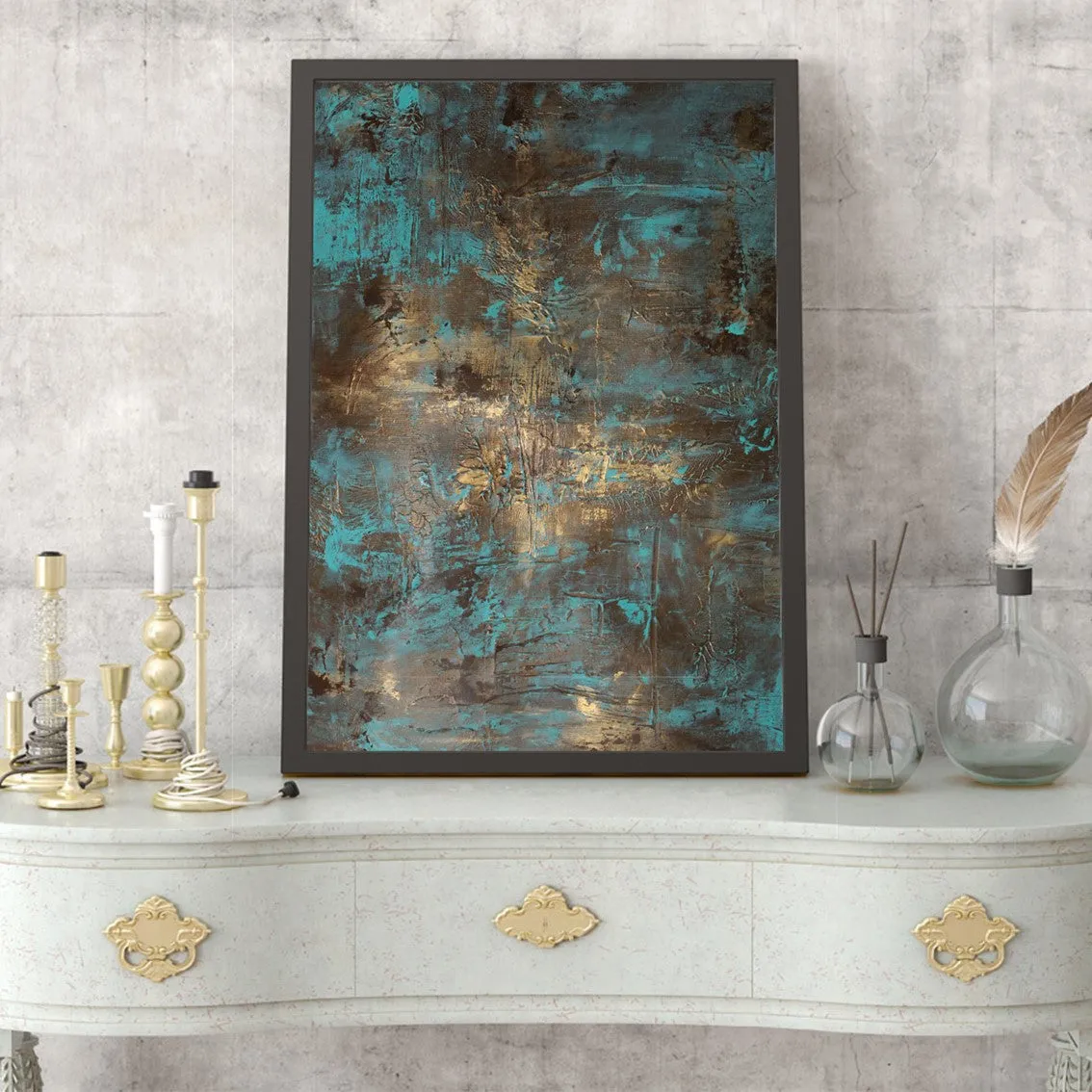 Framed vertical teal & gold abstract wall art print