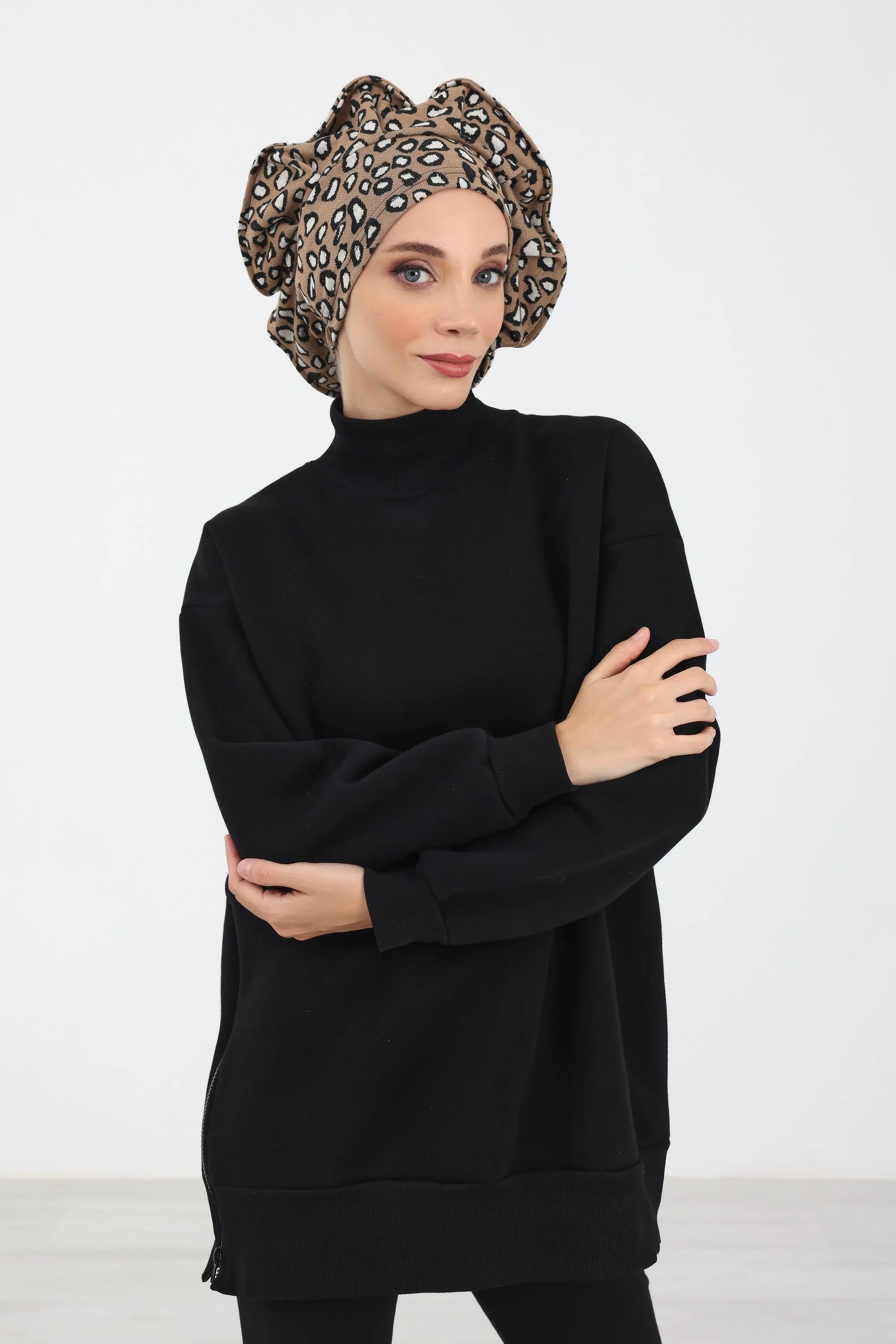 French-Style Winter Turban Headwrap, Houndstooth & Leopard Printed Women Winter Turban, Elegant French-Influenced Winter Headwrap,B-79