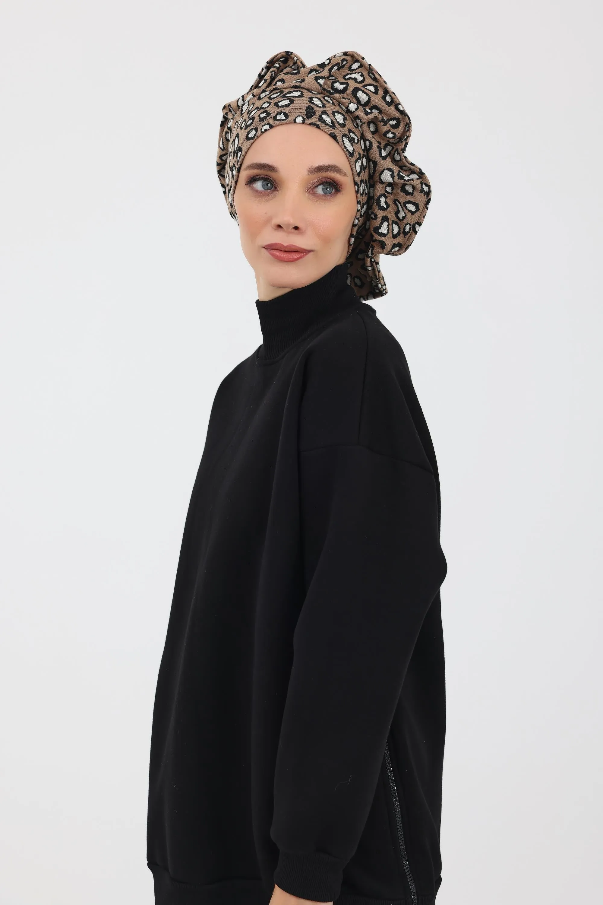 French-Style Winter Turban Headwrap, Houndstooth & Leopard Printed Women Winter Turban, Elegant French-Influenced Winter Headwrap,B-79