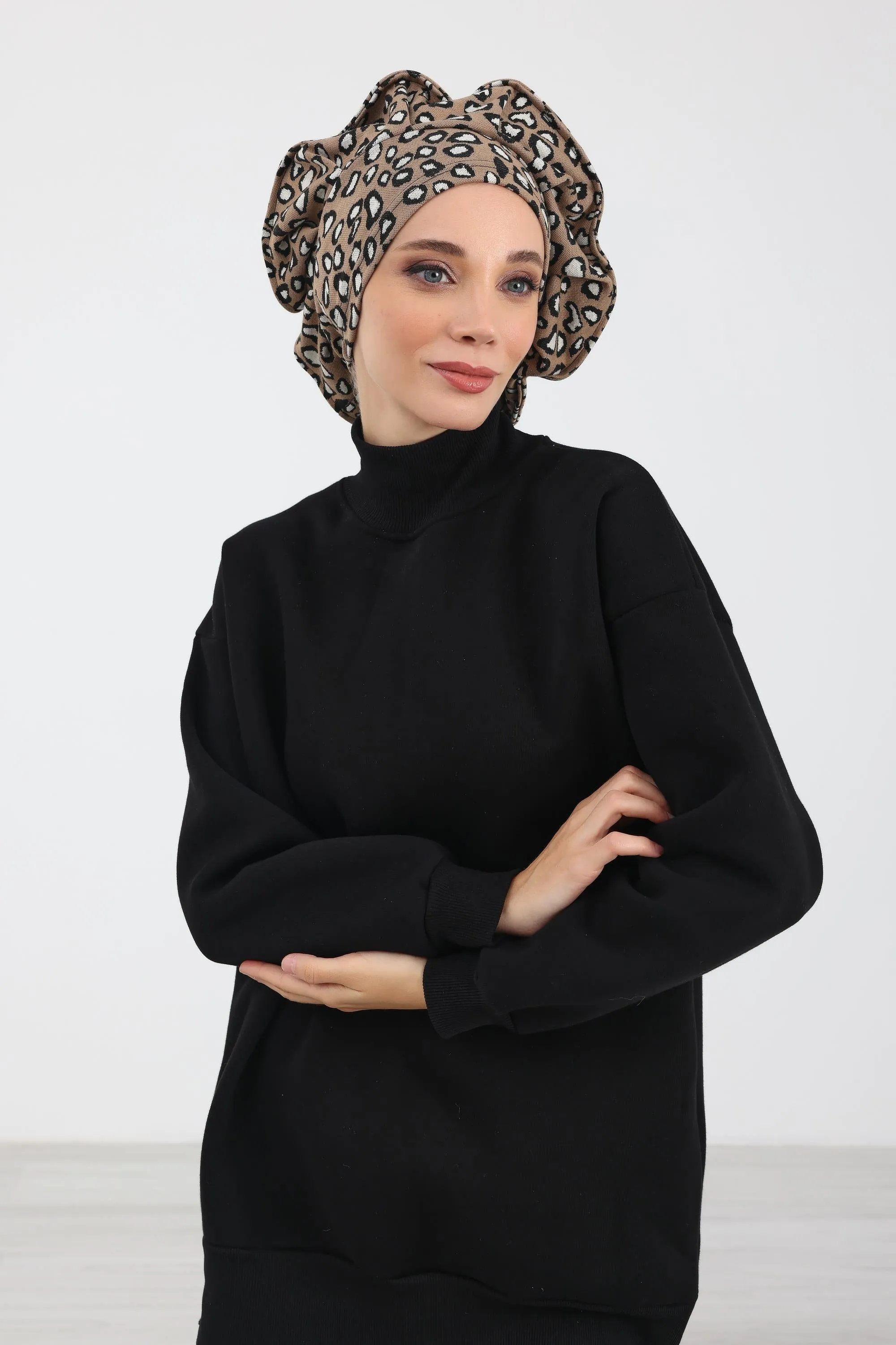 French-Style Winter Turban Headwrap, Houndstooth & Leopard Printed Women Winter Turban, Elegant French-Influenced Winter Headwrap,B-79