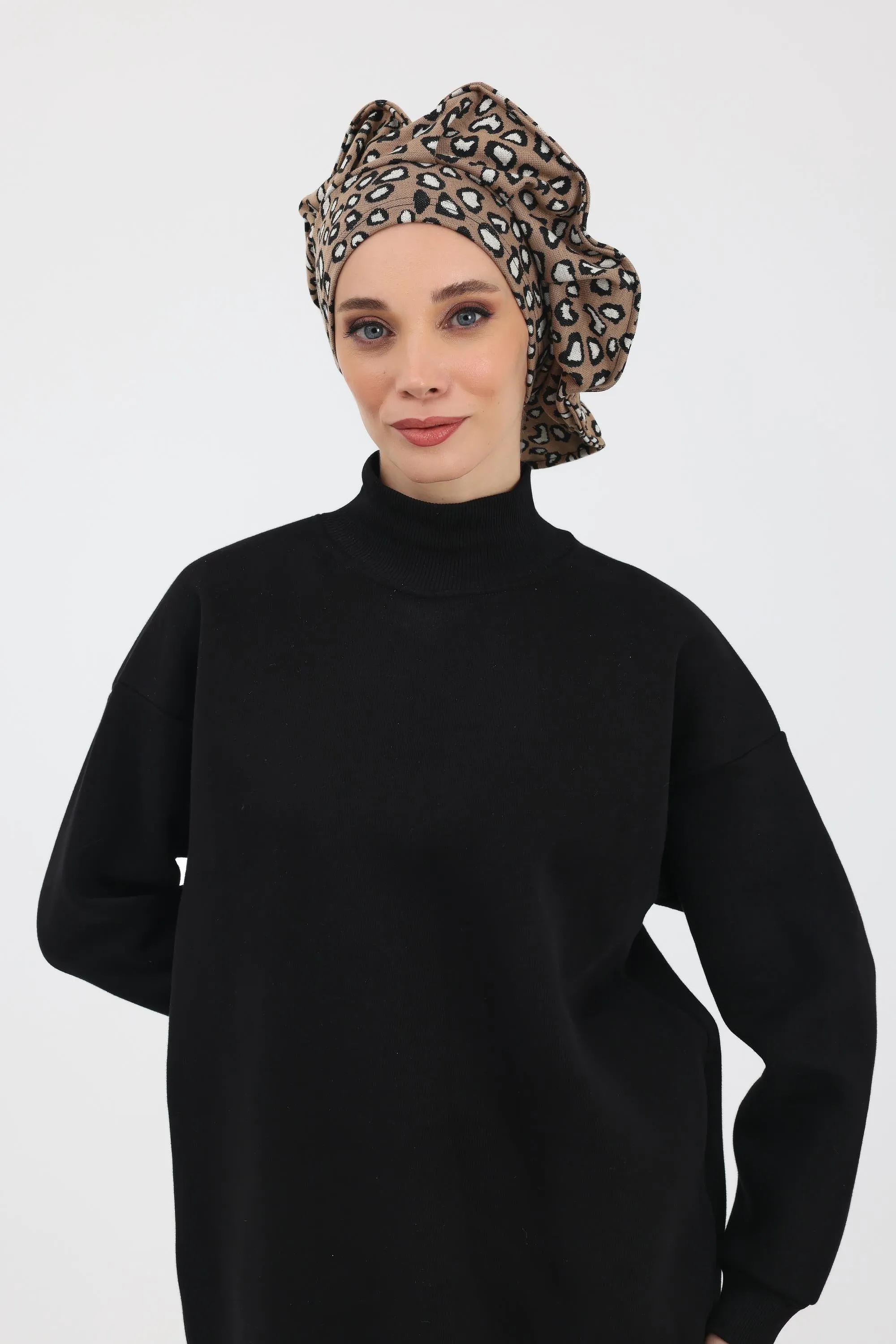 French-Style Winter Turban Headwrap, Houndstooth & Leopard Printed Women Winter Turban, Elegant French-Influenced Winter Headwrap,B-79