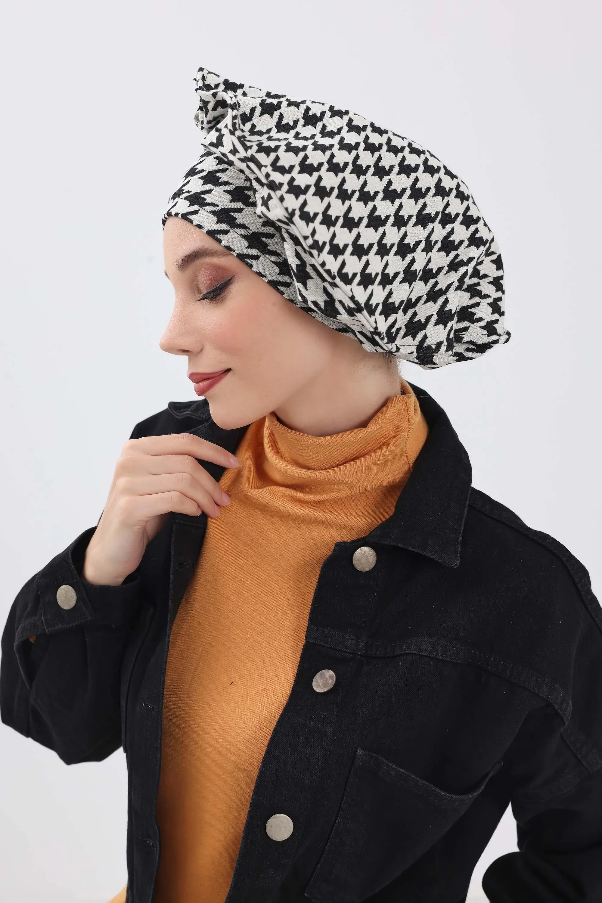 French-Style Winter Turban Headwrap, Houndstooth & Leopard Printed Women Winter Turban, Elegant French-Influenced Winter Headwrap,B-79