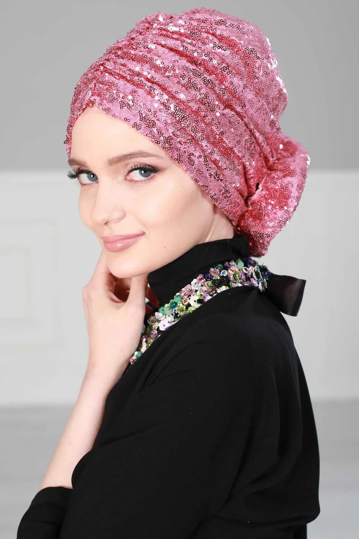 Glamorous Sequin Rose Instant Turban Hijab for Women, Sparkly Fashion Hijab Cap, Elegant Pre-Tied Headwrap with Big Fancy Rose Detail,B-21P