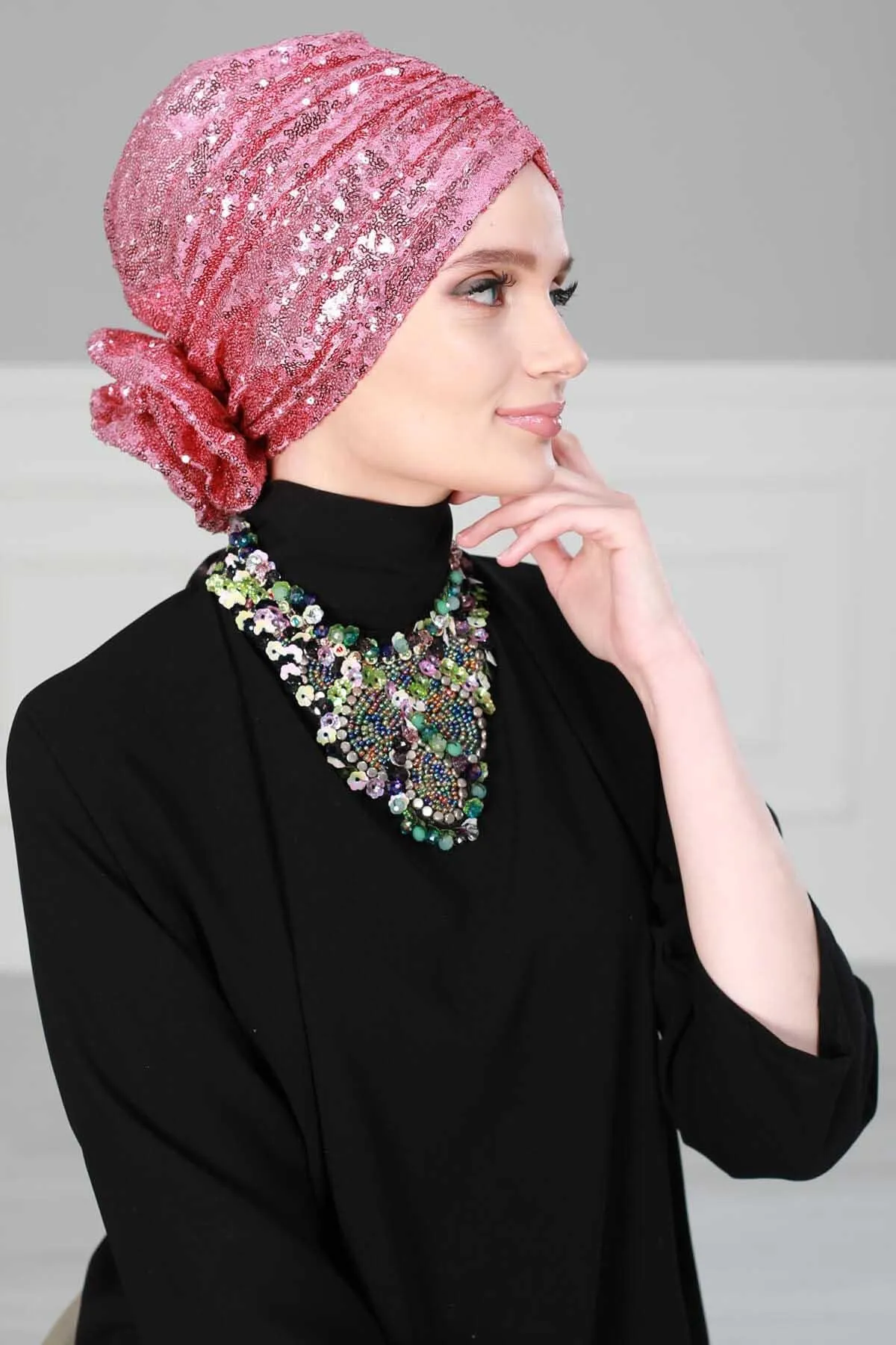 Glamorous Sequin Rose Instant Turban Hijab for Women, Sparkly Fashion Hijab Cap, Elegant Pre-Tied Headwrap with Big Fancy Rose Detail,B-21P