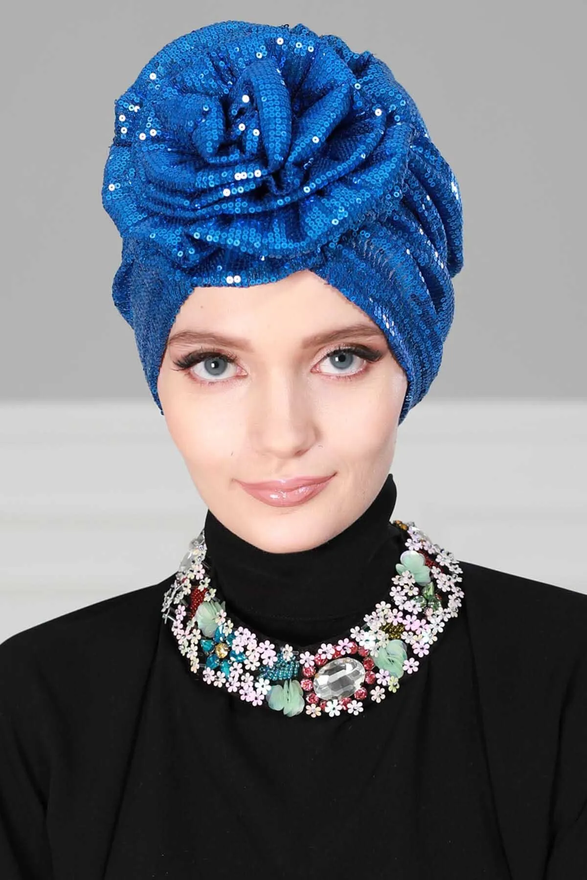 Glamorous Sequin Rose Instant Turban Hijab for Women, Sparkly Fashion Hijab Cap, Elegant Pre-Tied Headwrap with Big Fancy Rose Detail,B-21P