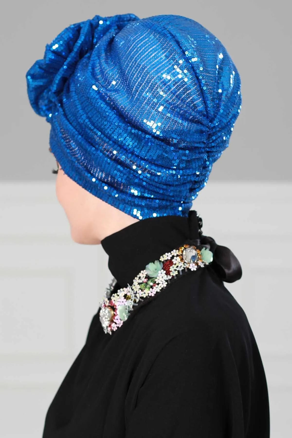 Glamorous Sequin Rose Instant Turban Hijab for Women, Sparkly Fashion Hijab Cap, Elegant Pre-Tied Headwrap with Big Fancy Rose Detail,B-21P