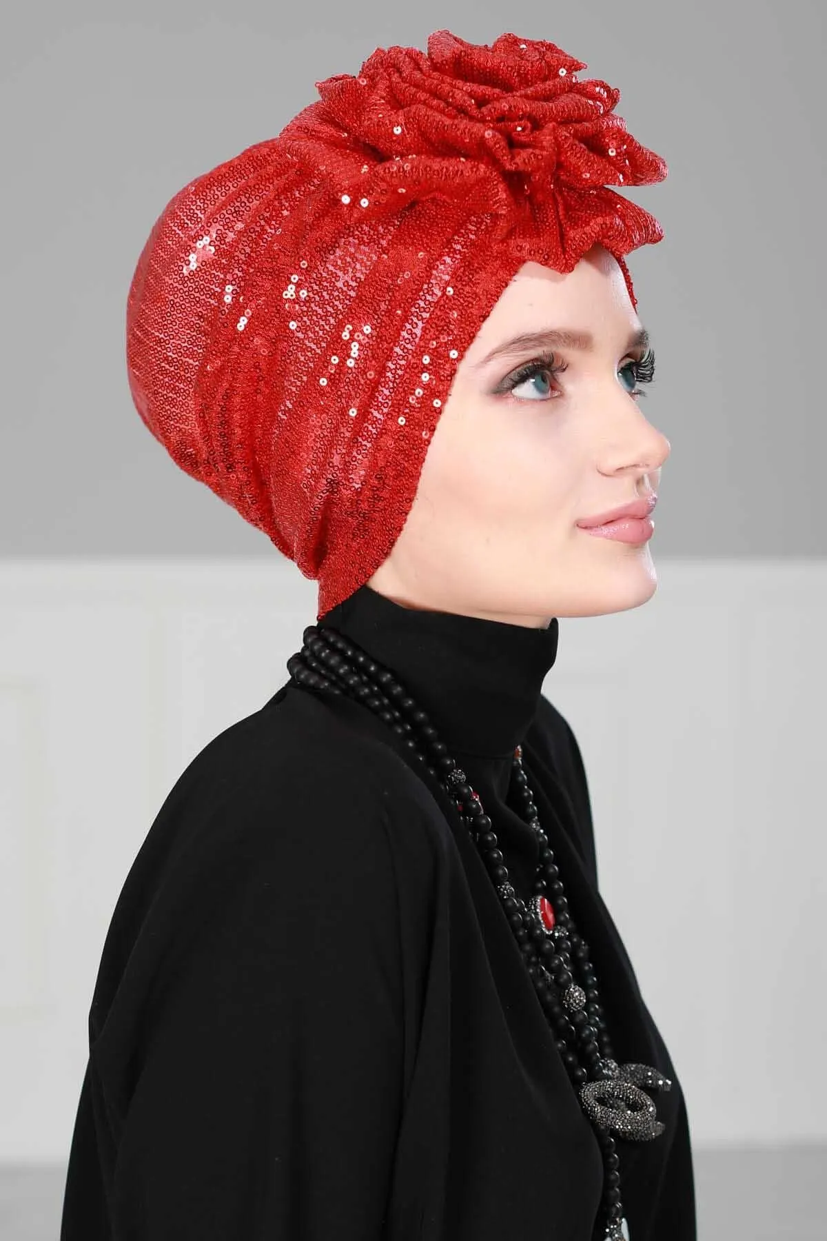 Glamorous Sequin Rose Instant Turban Hijab for Women, Sparkly Fashion Hijab Cap, Elegant Pre-Tied Headwrap with Big Fancy Rose Detail,B-21P