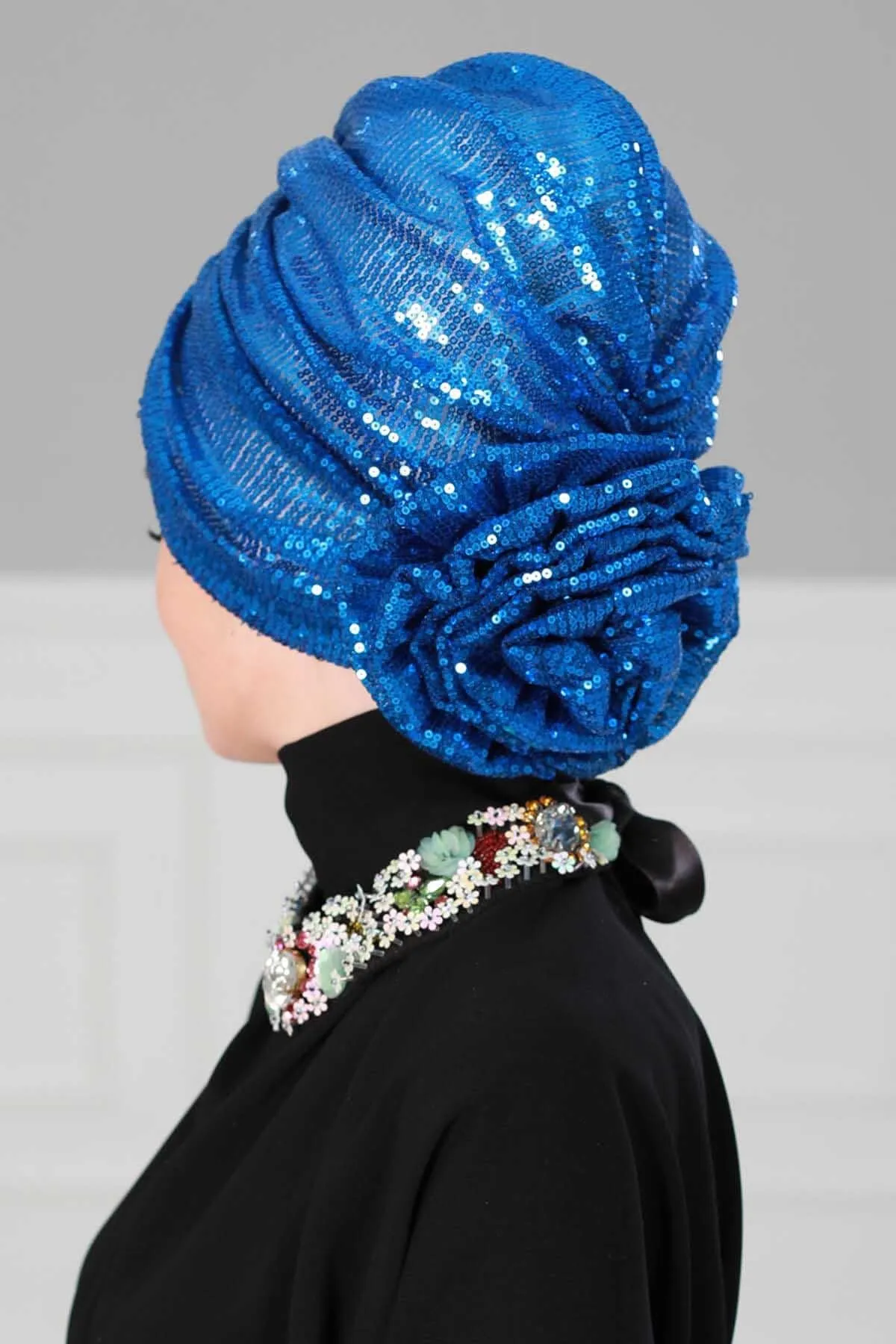 Glamorous Sequin Rose Instant Turban Hijab for Women, Sparkly Fashion Hijab Cap, Elegant Pre-Tied Headwrap with Big Fancy Rose Detail,B-21P