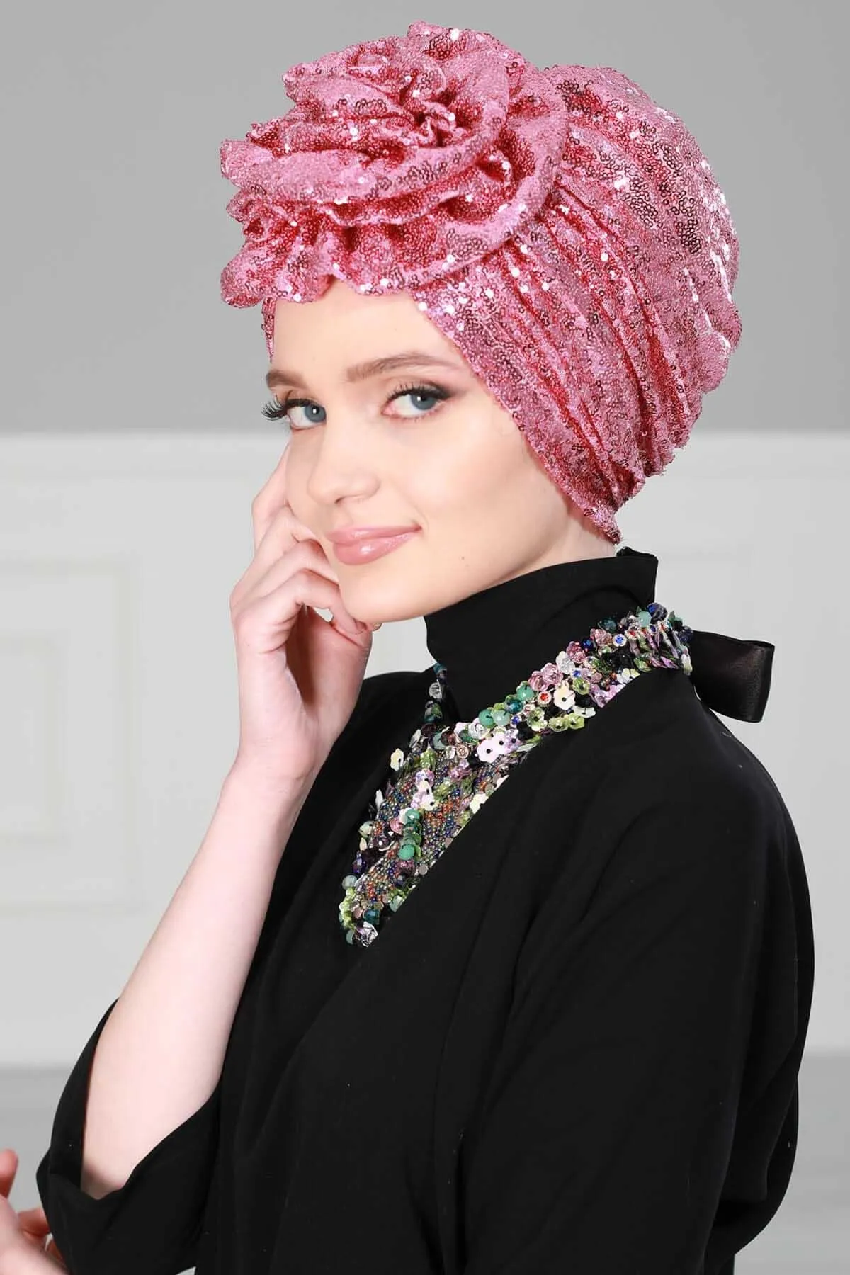 Glamorous Sequin Rose Instant Turban Hijab for Women, Sparkly Fashion Hijab Cap, Elegant Pre-Tied Headwrap with Big Fancy Rose Detail,B-21P