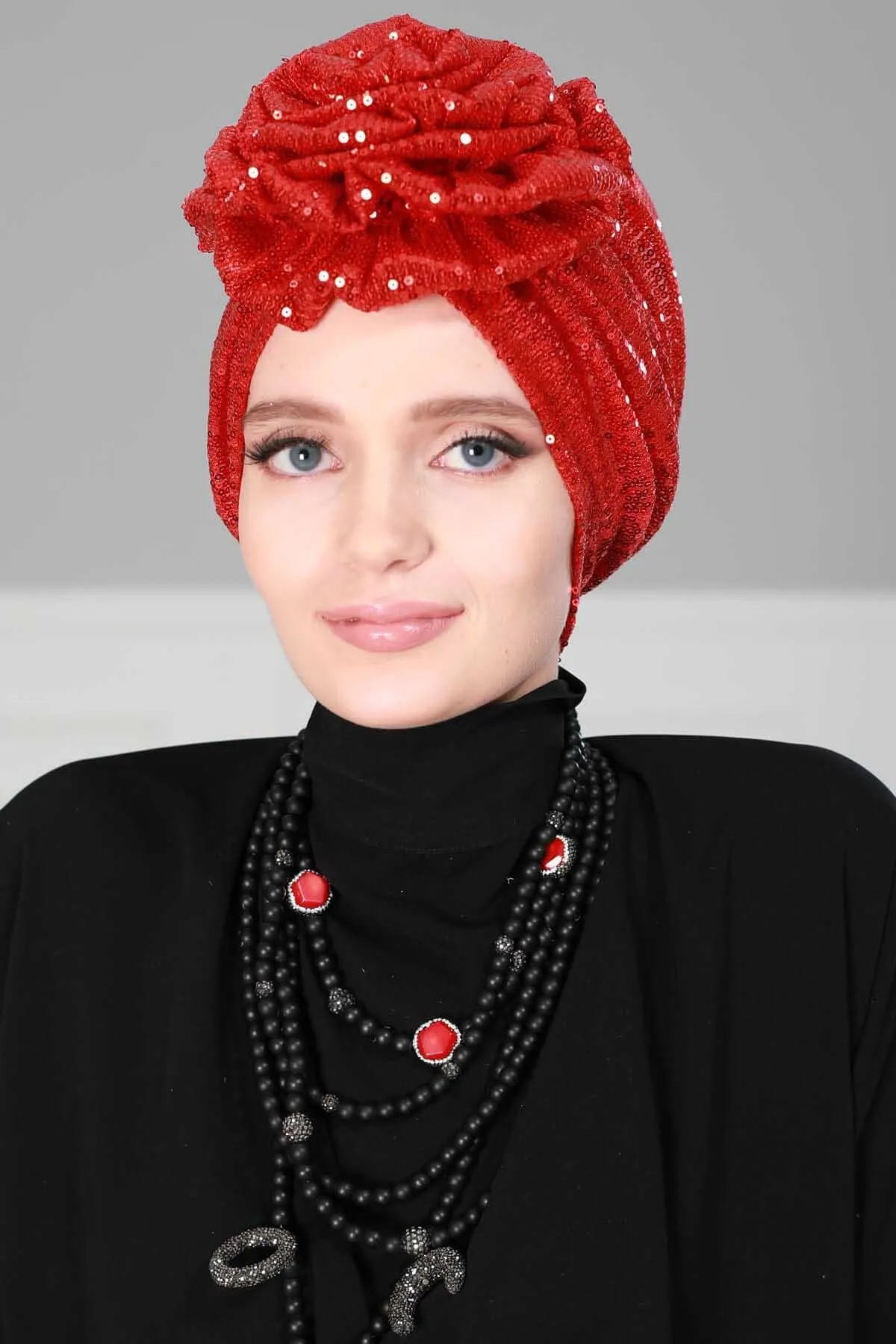 Glamorous Sequin Rose Instant Turban Hijab for Women, Sparkly Fashion Hijab Cap, Elegant Pre-Tied Headwrap with Big Fancy Rose Detail,B-21P