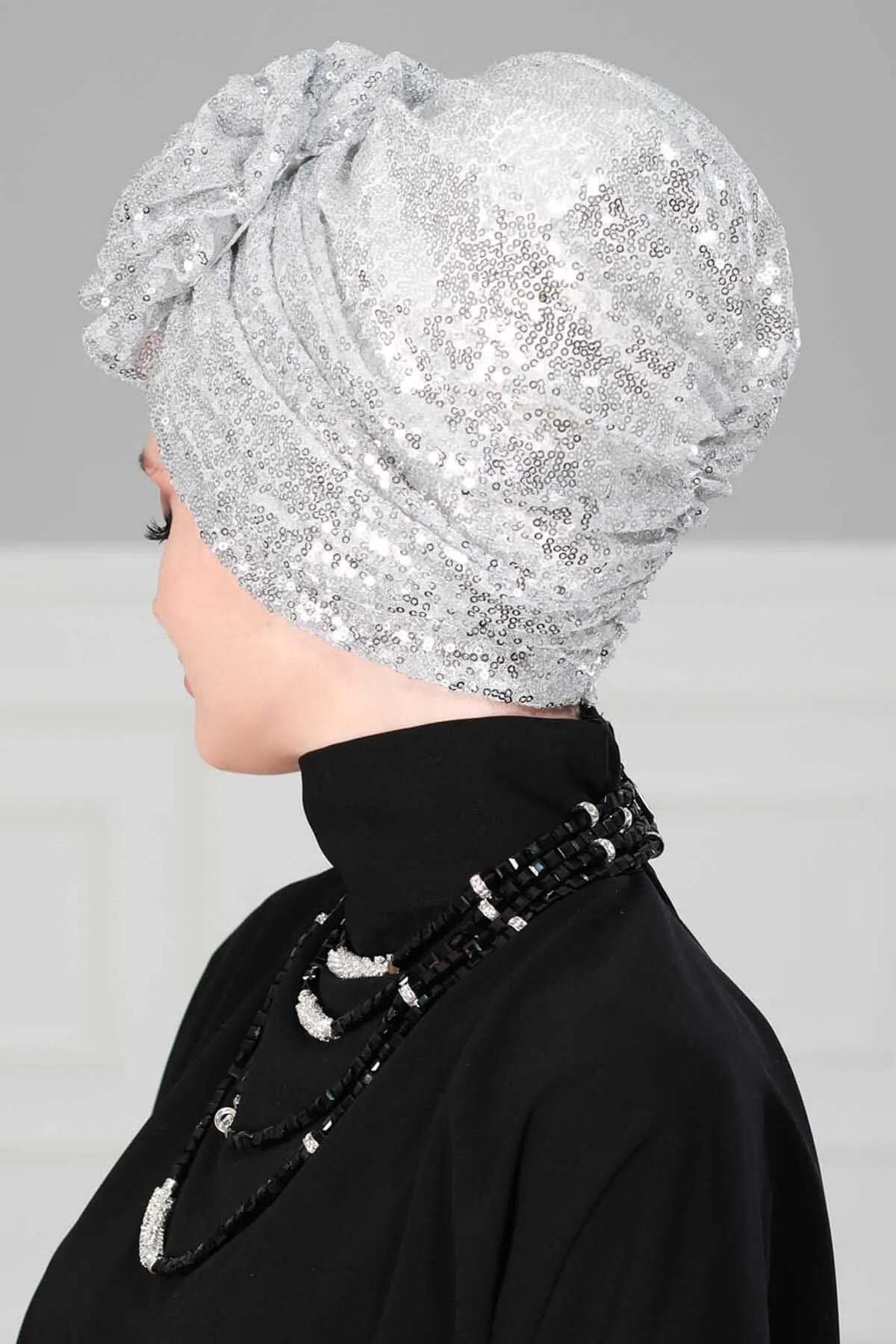 Glamorous Sequin Rose Instant Turban Hijab for Women, Sparkly Fashion Hijab Cap, Elegant Pre-Tied Headwrap with Big Fancy Rose Detail,B-21P