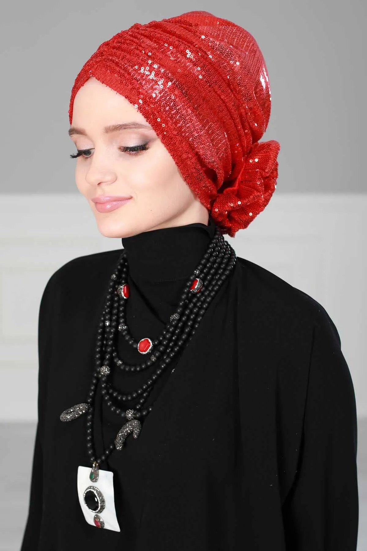 Glamorous Sequin Rose Instant Turban Hijab for Women, Sparkly Fashion Hijab Cap, Elegant Pre-Tied Headwrap with Big Fancy Rose Detail,B-21P