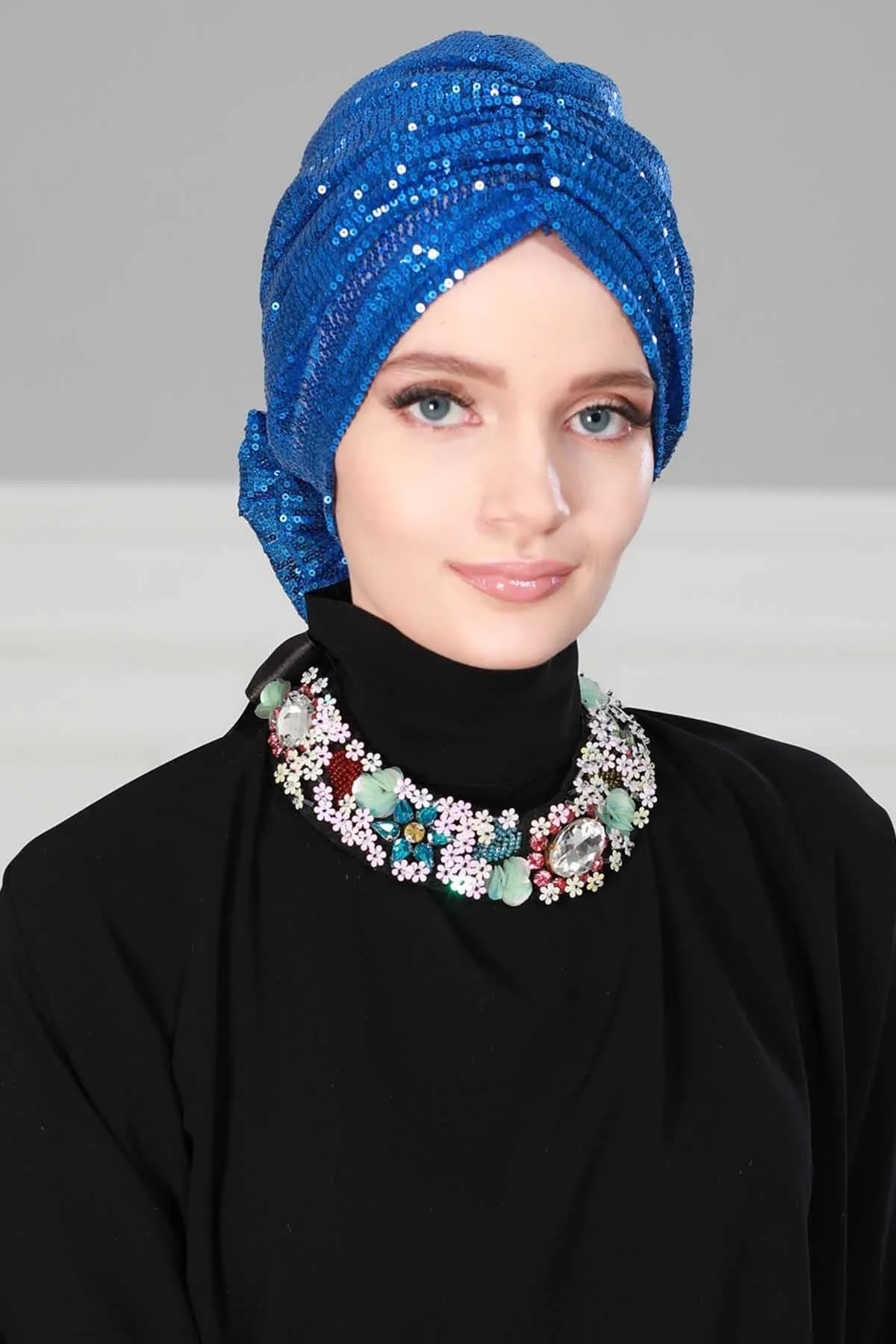 Glamorous Sequin Rose Instant Turban Hijab for Women, Sparkly Fashion Hijab Cap, Elegant Pre-Tied Headwrap with Big Fancy Rose Detail,B-21P