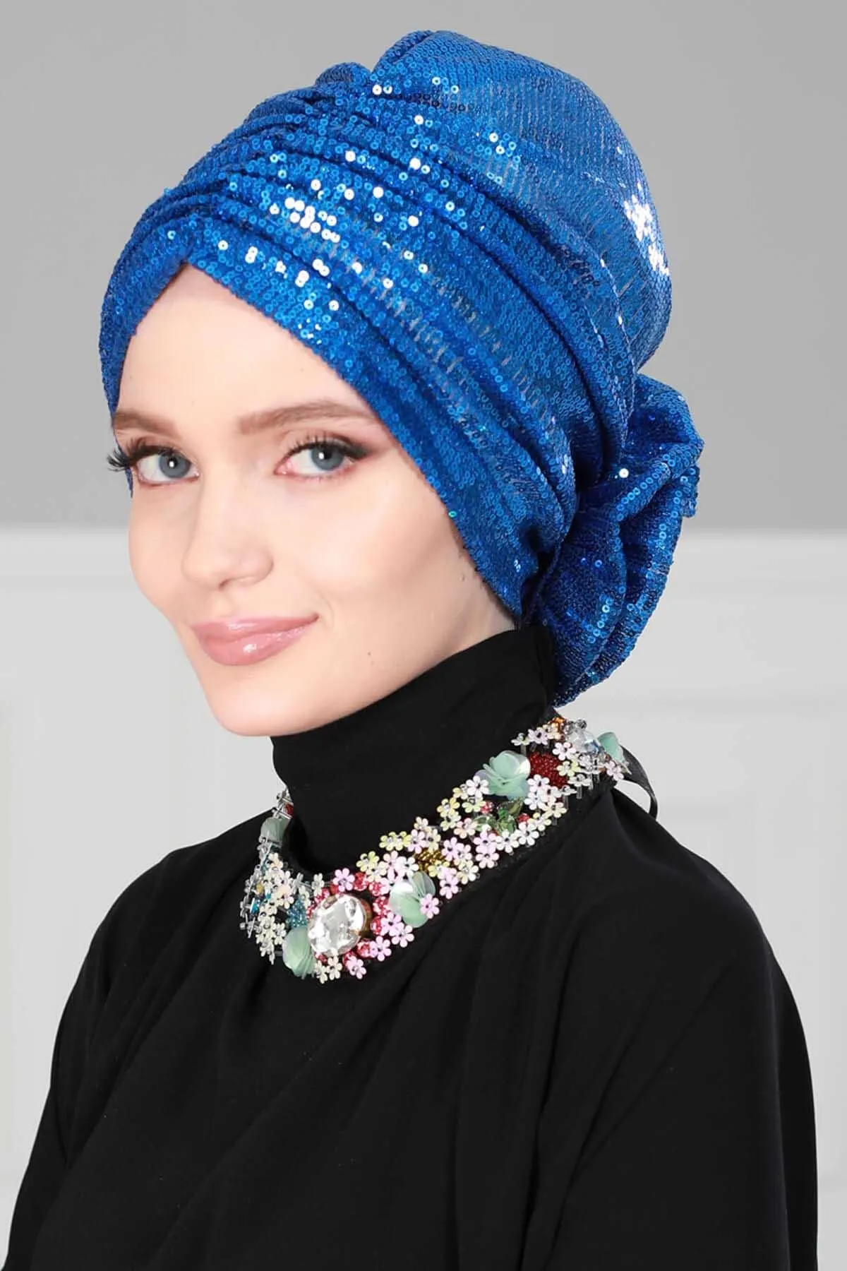 Glamorous Sequin Rose Instant Turban Hijab for Women, Sparkly Fashion Hijab Cap, Elegant Pre-Tied Headwrap with Big Fancy Rose Detail,B-21P