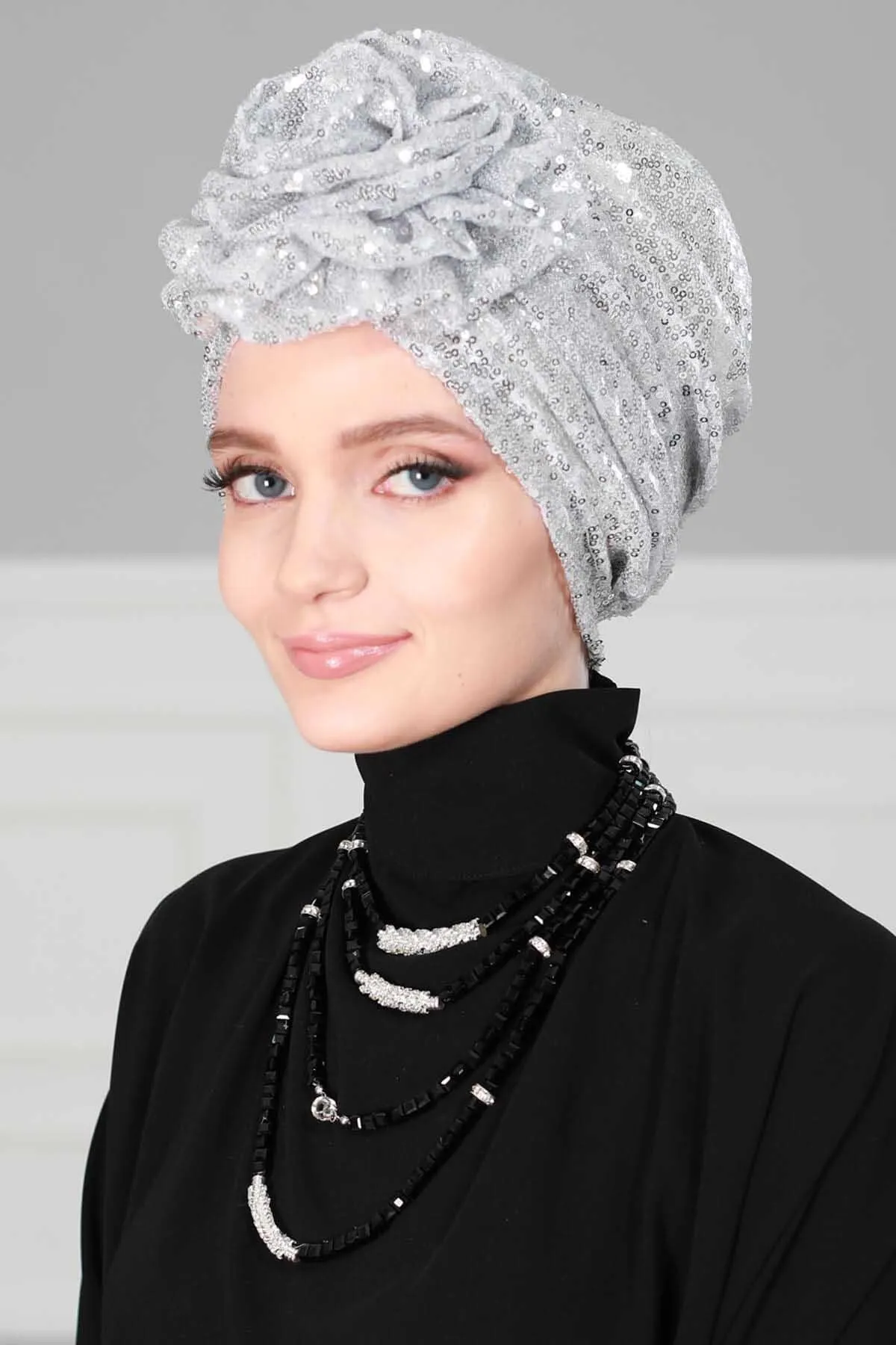 Glamorous Sequin Rose Instant Turban Hijab for Women, Sparkly Fashion Hijab Cap, Elegant Pre-Tied Headwrap with Big Fancy Rose Detail,B-21P