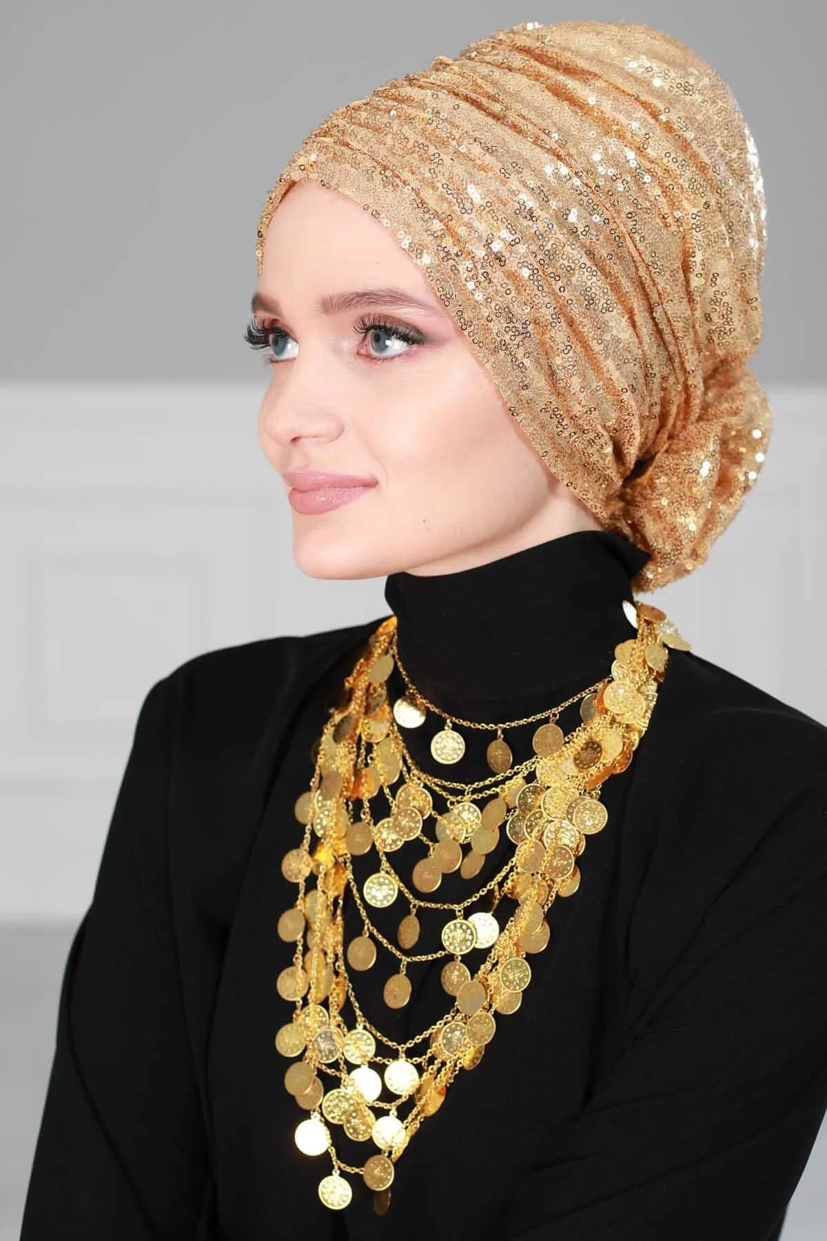 Glamorous Sequin Rose Instant Turban Hijab for Women, Sparkly Fashion Hijab Cap, Elegant Pre-Tied Headwrap with Big Fancy Rose Detail,B-21P