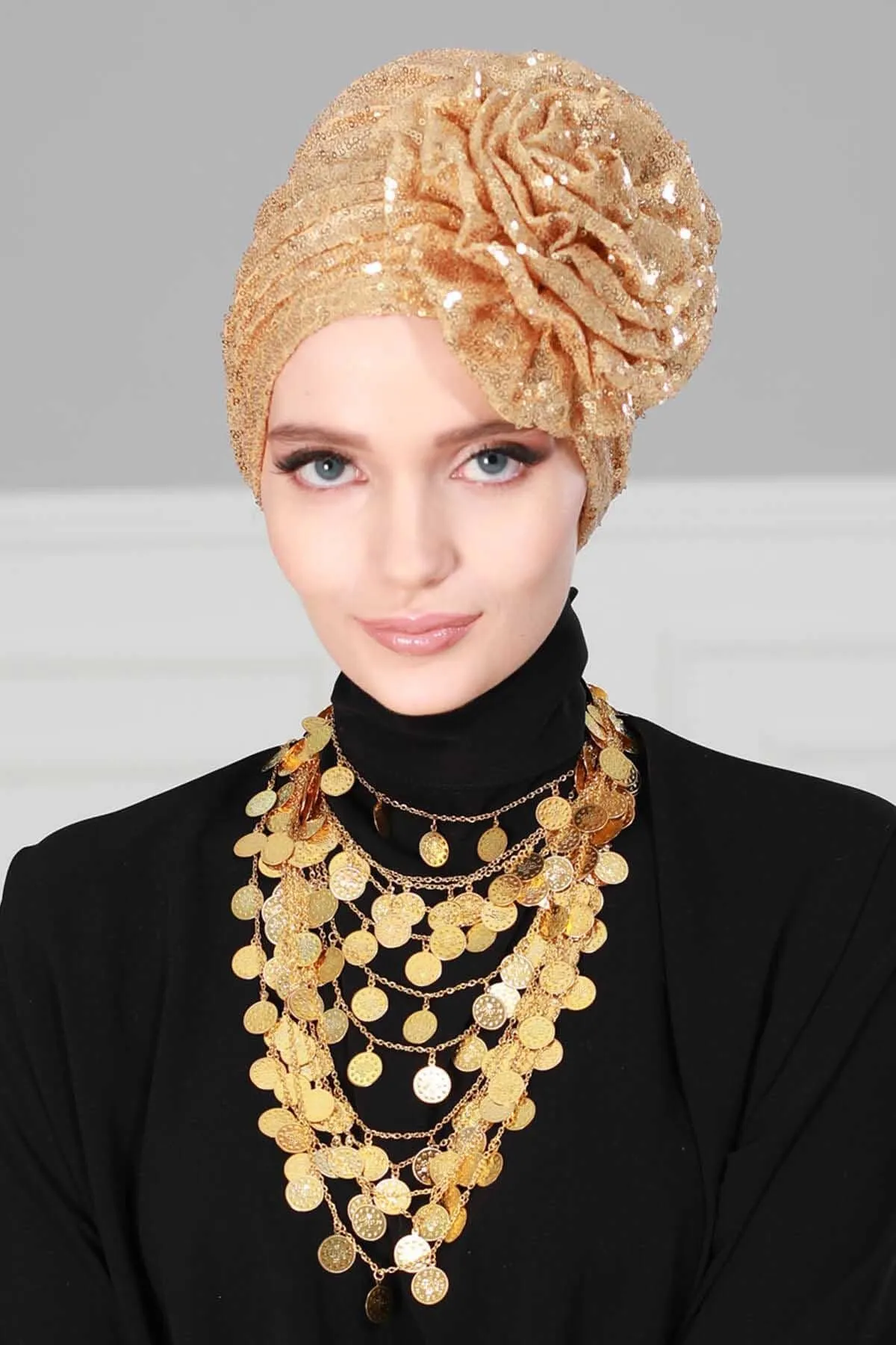 Glamorous Sequin Rose Instant Turban Hijab for Women, Sparkly Fashion Hijab Cap, Elegant Pre-Tied Headwrap with Big Fancy Rose Detail,B-21P