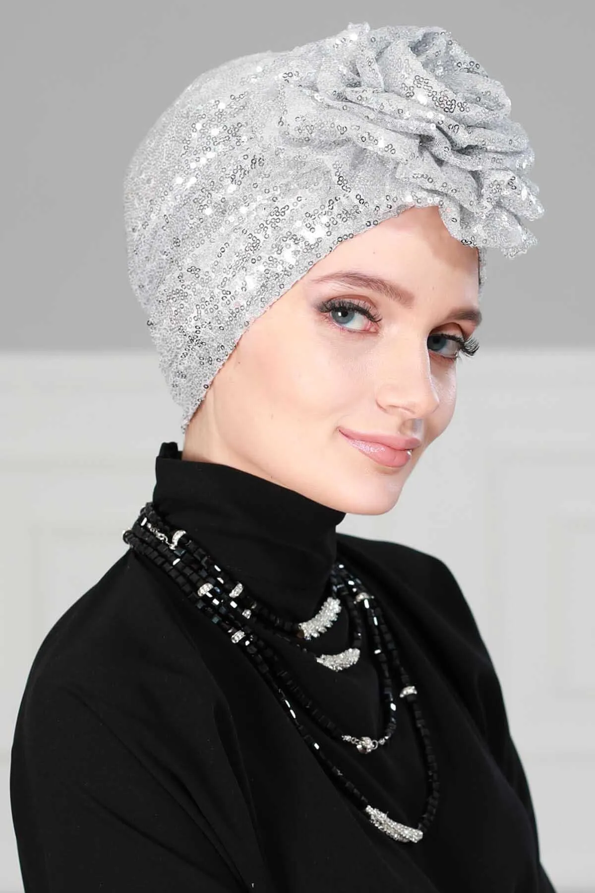 Glamorous Sequin Rose Instant Turban Hijab for Women, Sparkly Fashion Hijab Cap, Elegant Pre-Tied Headwrap with Big Fancy Rose Detail,B-21P