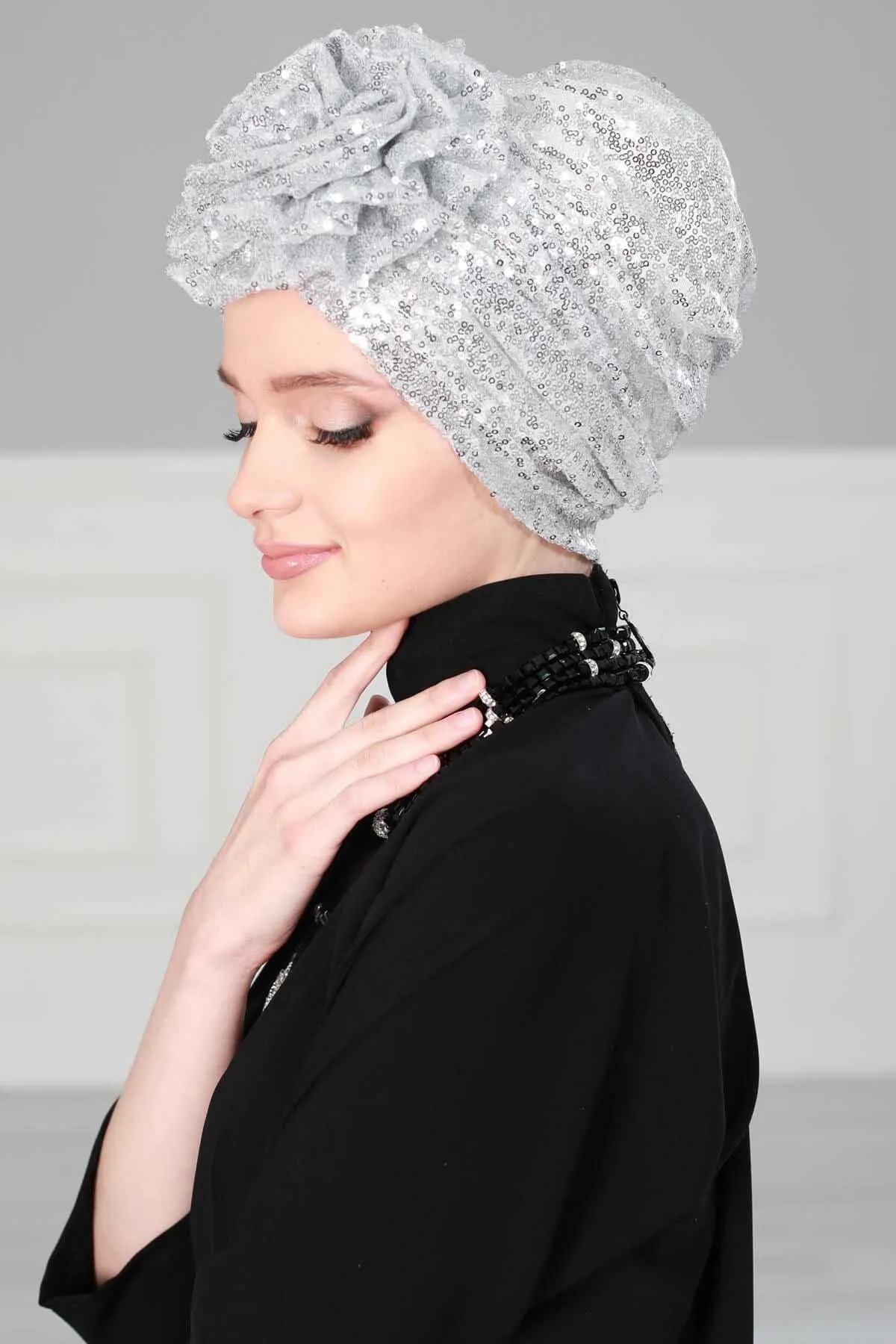 Glamorous Sequin Rose Instant Turban Hijab for Women, Sparkly Fashion Hijab Cap, Elegant Pre-Tied Headwrap with Big Fancy Rose Detail,B-21P