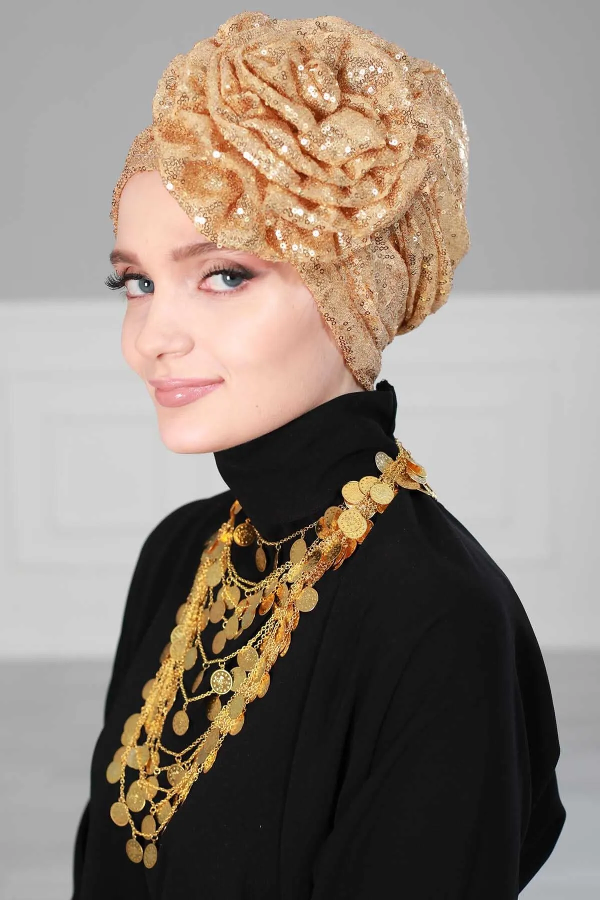 Glamorous Sequin Rose Instant Turban Hijab for Women, Sparkly Fashion Hijab Cap, Elegant Pre-Tied Headwrap with Big Fancy Rose Detail,B-21P