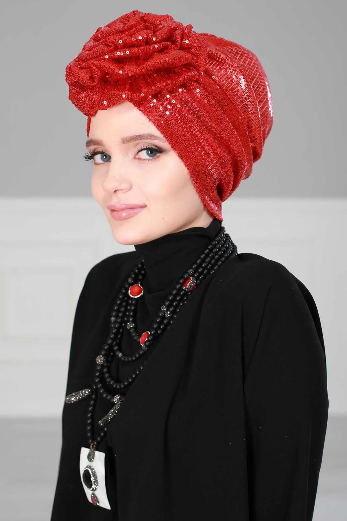 Glamorous Sequin Rose Instant Turban Hijab for Women, Sparkly Fashion Hijab Cap, Elegant Pre-Tied Headwrap with Big Fancy Rose Detail,B-21P