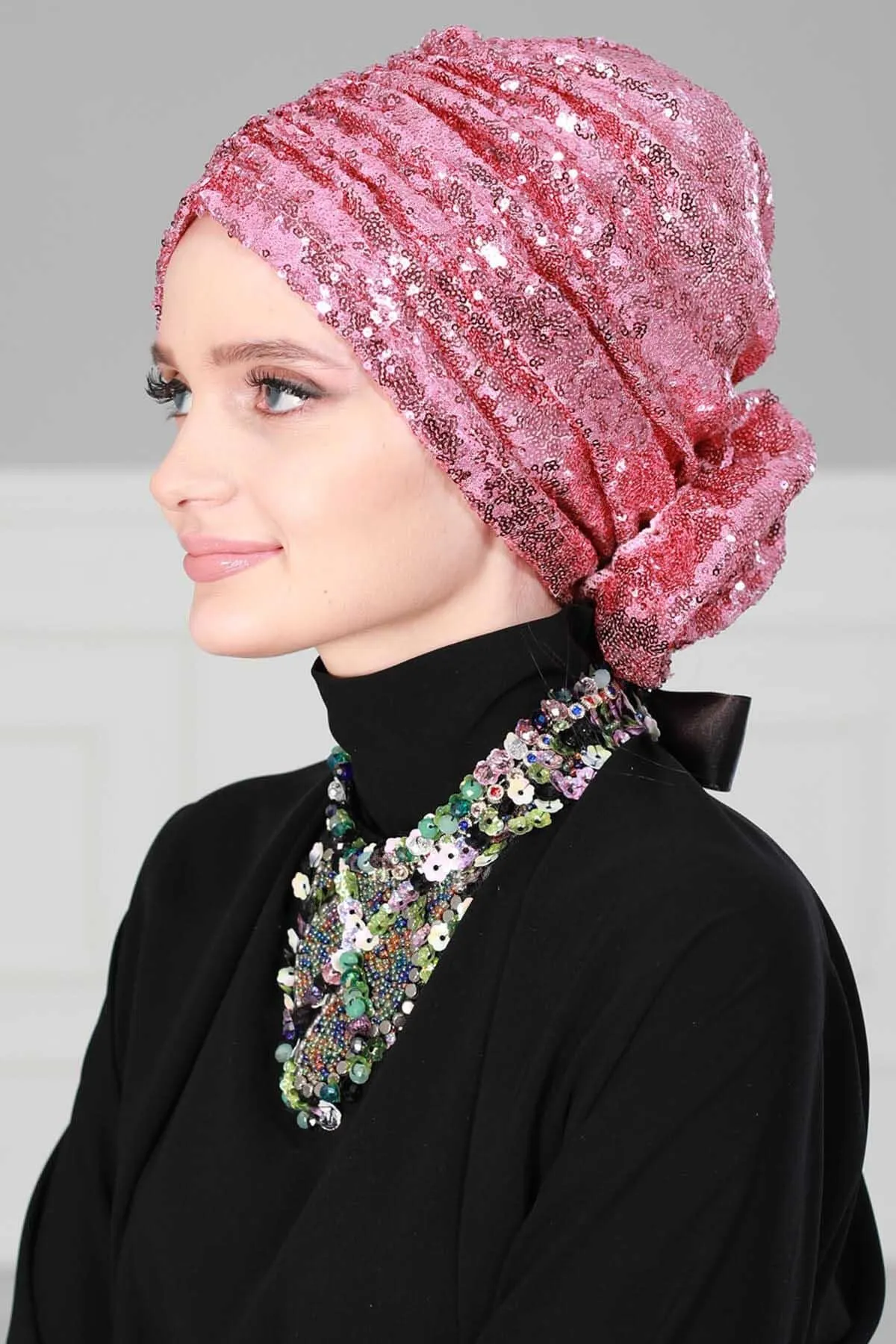 Glamorous Sequin Rose Instant Turban Hijab for Women, Sparkly Fashion Hijab Cap, Elegant Pre-Tied Headwrap with Big Fancy Rose Detail,B-21P