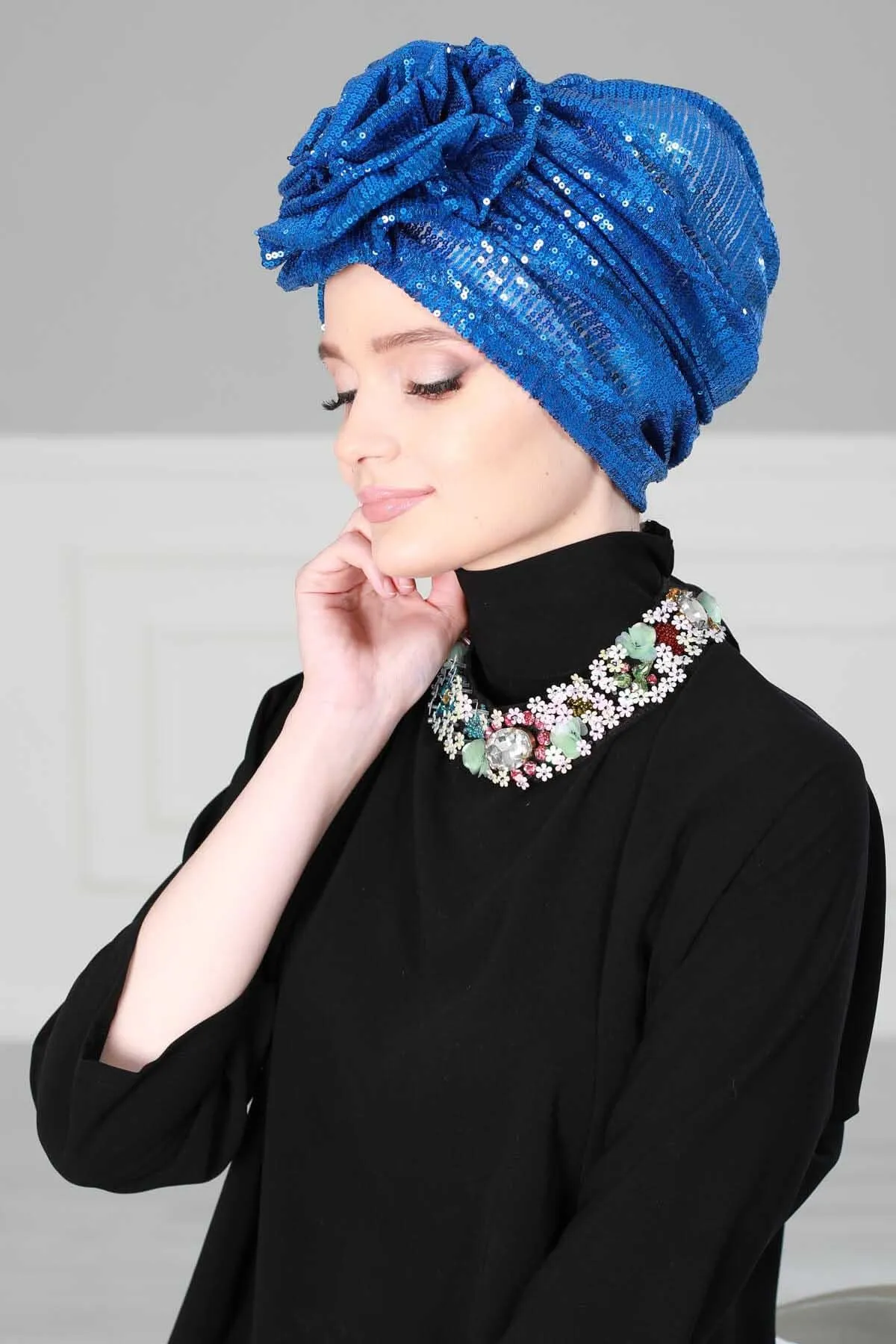 Glamorous Sequin Rose Instant Turban Hijab for Women, Sparkly Fashion Hijab Cap, Elegant Pre-Tied Headwrap with Big Fancy Rose Detail,B-21P