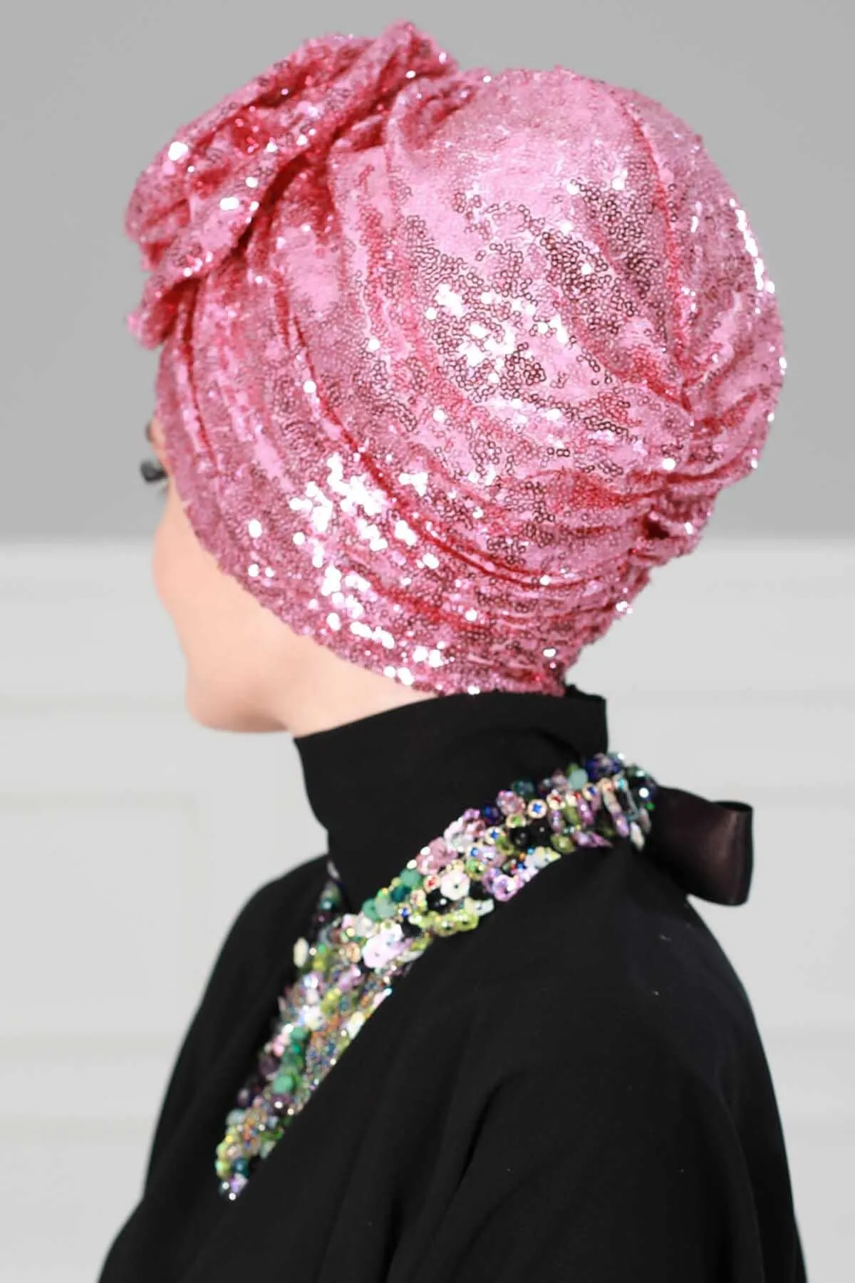 Glamorous Sequin Rose Instant Turban Hijab for Women, Sparkly Fashion Hijab Cap, Elegant Pre-Tied Headwrap with Big Fancy Rose Detail,B-21P