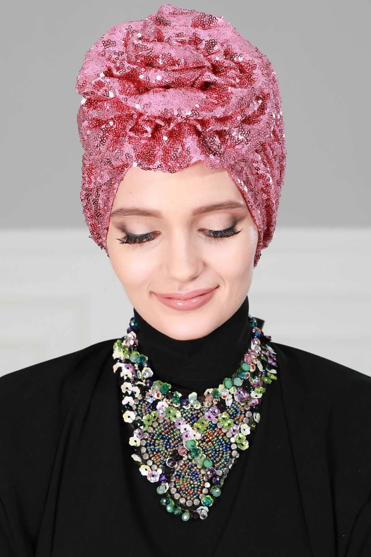 Glamorous Sequin Rose Instant Turban Hijab for Women, Sparkly Fashion Hijab Cap, Elegant Pre-Tied Headwrap with Big Fancy Rose Detail,B-21P