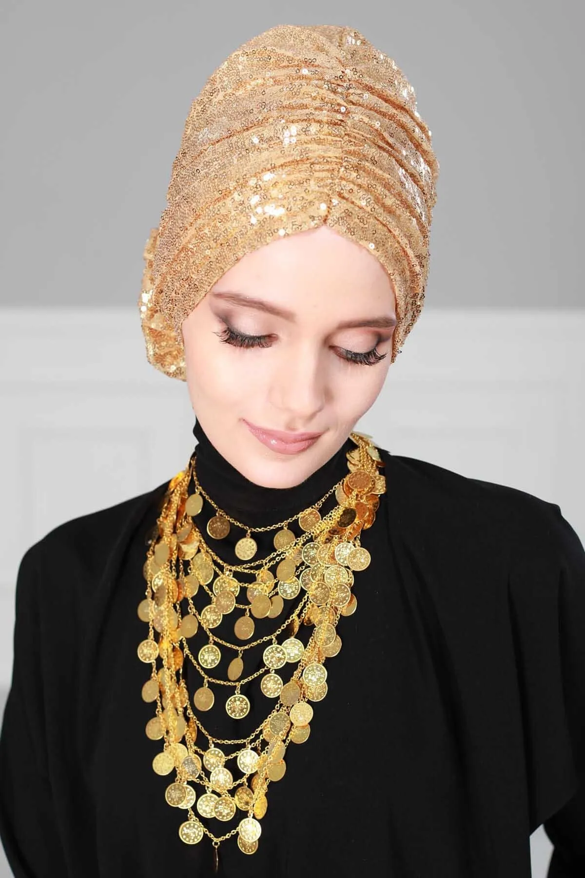 Glamorous Sequin Rose Instant Turban Hijab for Women, Sparkly Fashion Hijab Cap, Elegant Pre-Tied Headwrap with Big Fancy Rose Detail,B-21P