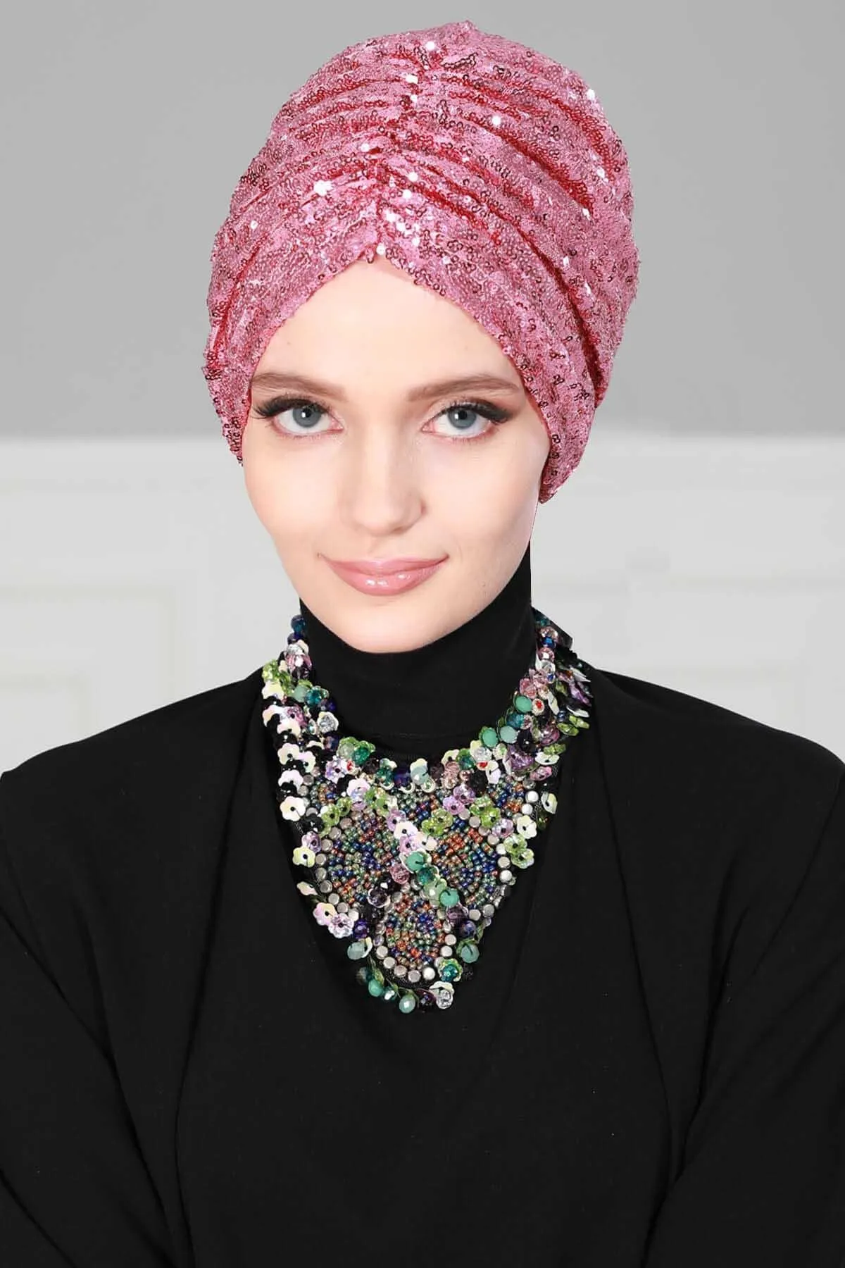 Glamorous Sequin Rose Instant Turban Hijab for Women, Sparkly Fashion Hijab Cap, Elegant Pre-Tied Headwrap with Big Fancy Rose Detail,B-21P