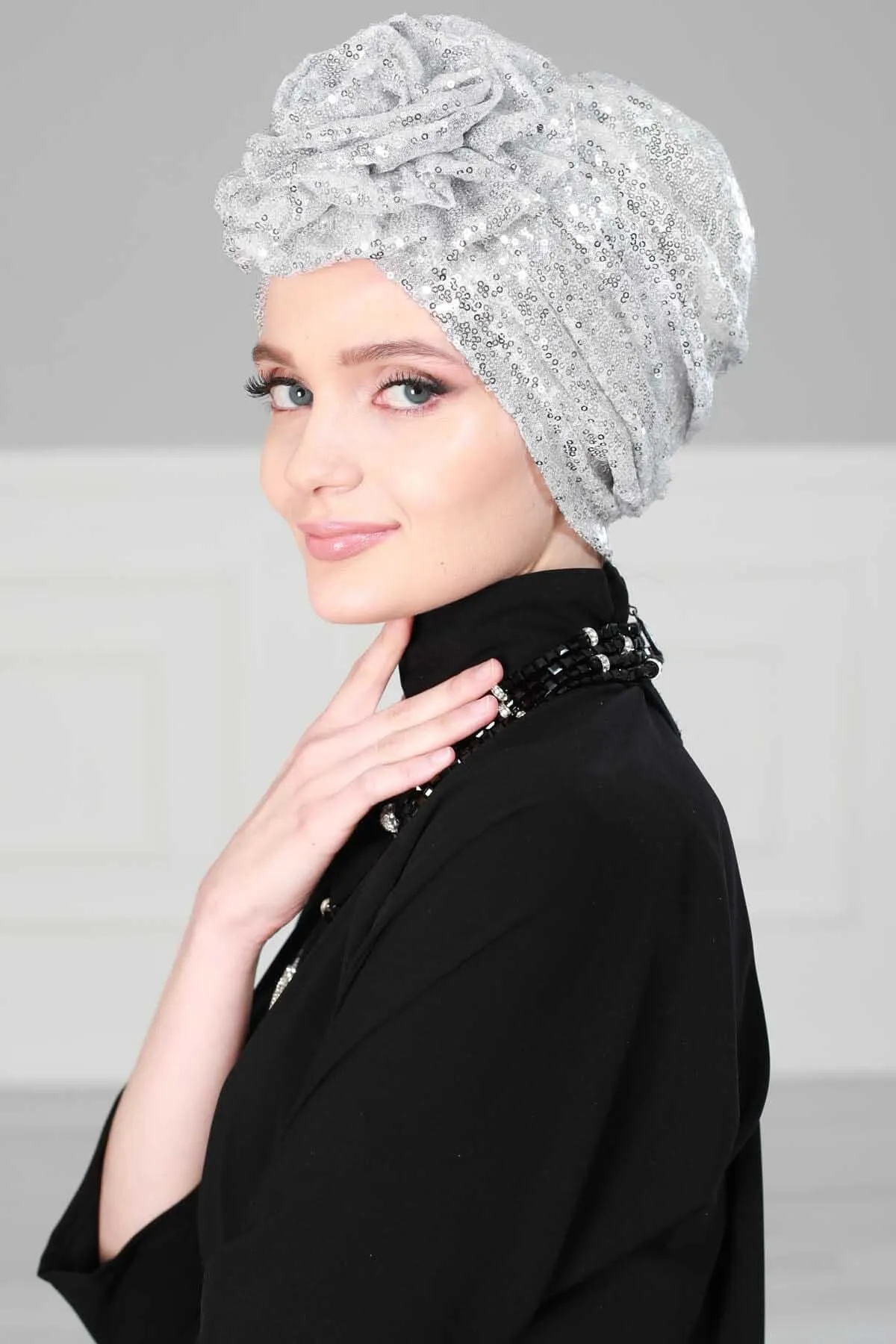 Glamorous Sequin Rose Instant Turban Hijab for Women, Sparkly Fashion Hijab Cap, Elegant Pre-Tied Headwrap with Big Fancy Rose Detail,B-21P